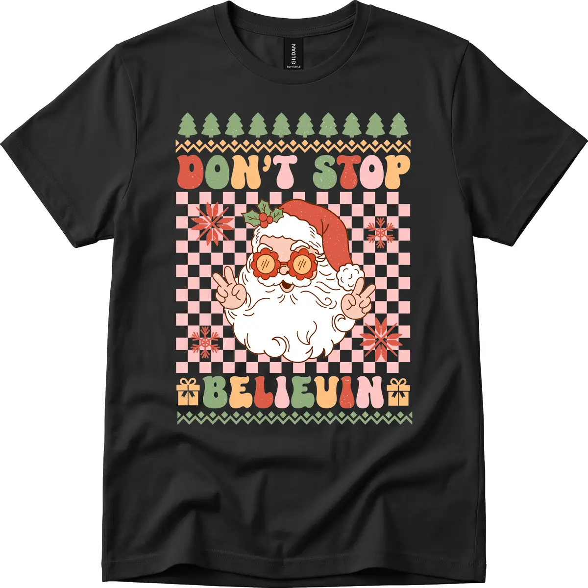 Don't Stop Believin' Retro Santa T-Shirt in Black