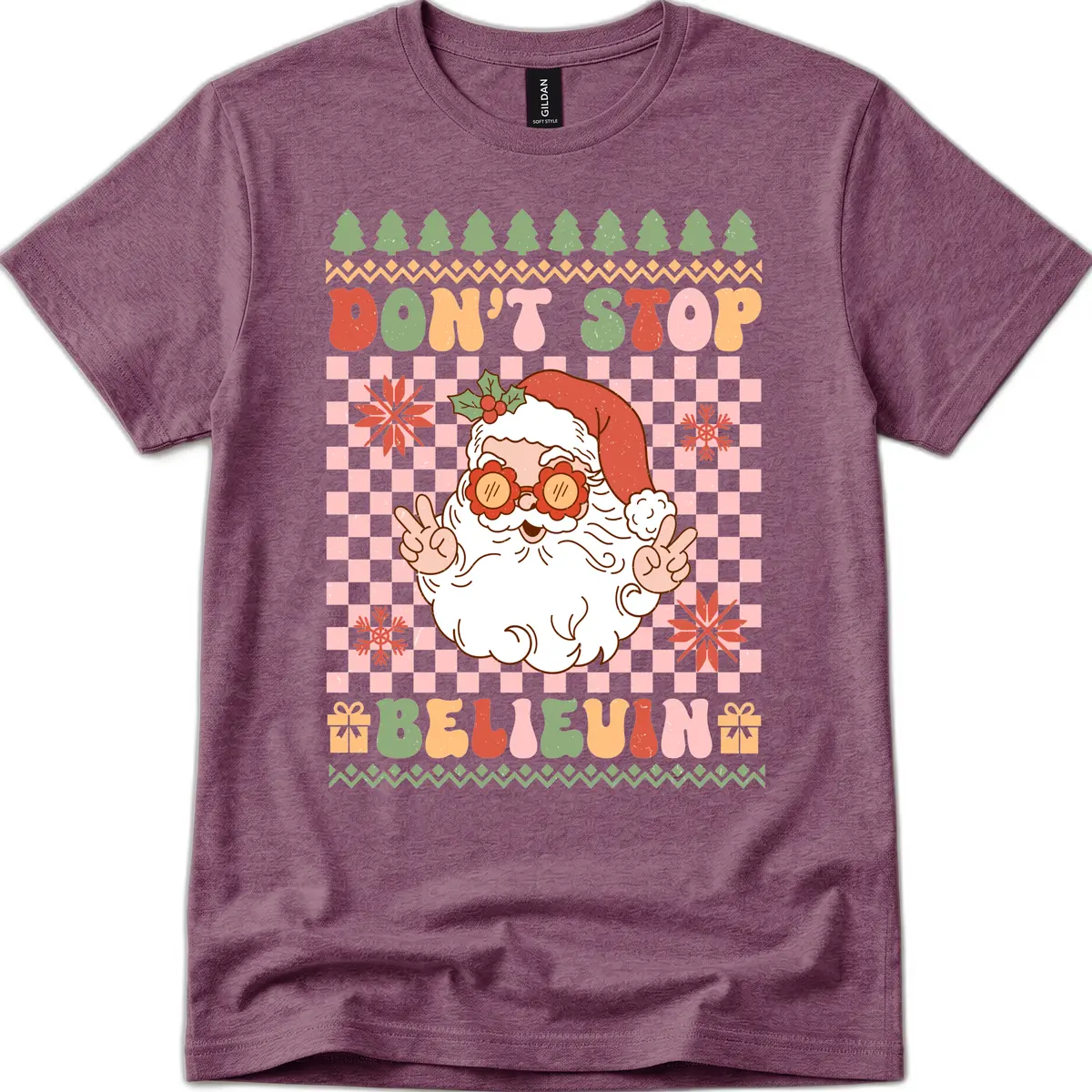 Don't Stop Believin' Retro Santa T-Shirt in Heather Maroon