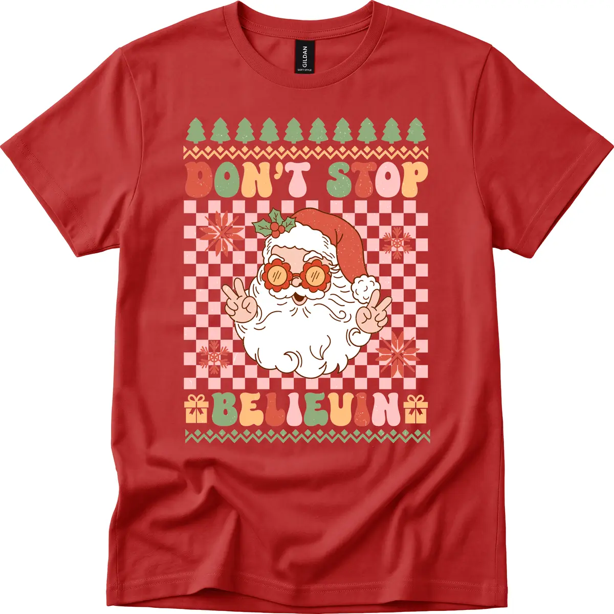 Don't Stop Believin' Retro Santa T-Shirt in Red