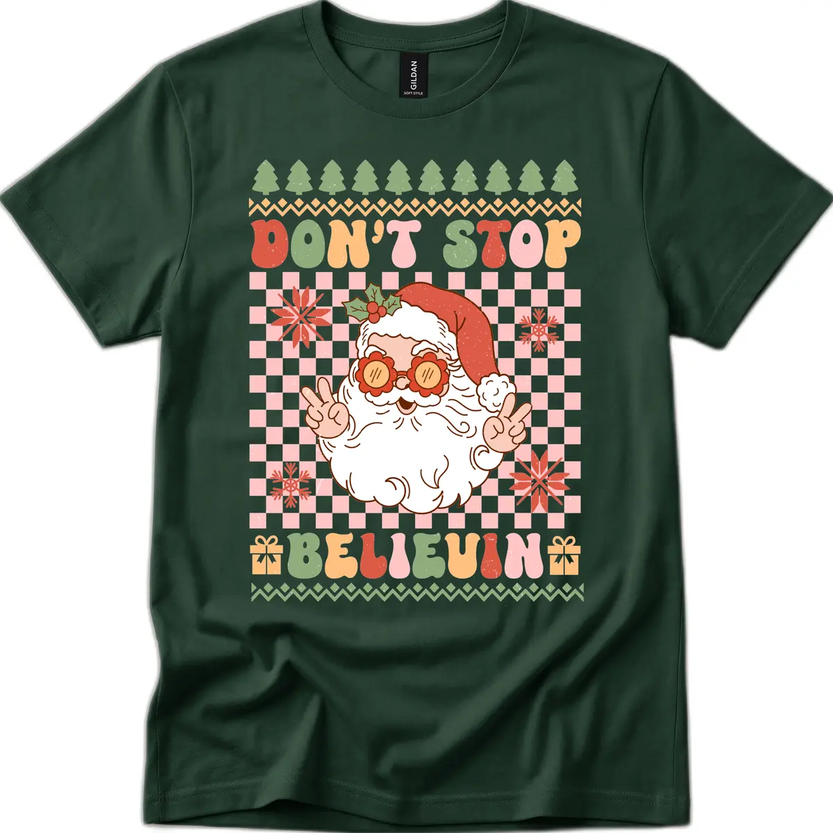 Don't Stop Believin' Retro Santa T-Shirt in Forest Green