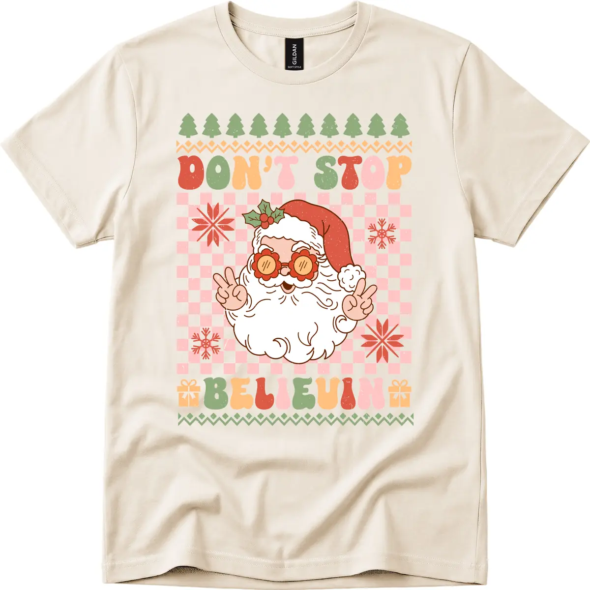 Don't Stop Believin' Retro Santa T-Shirt in Natural