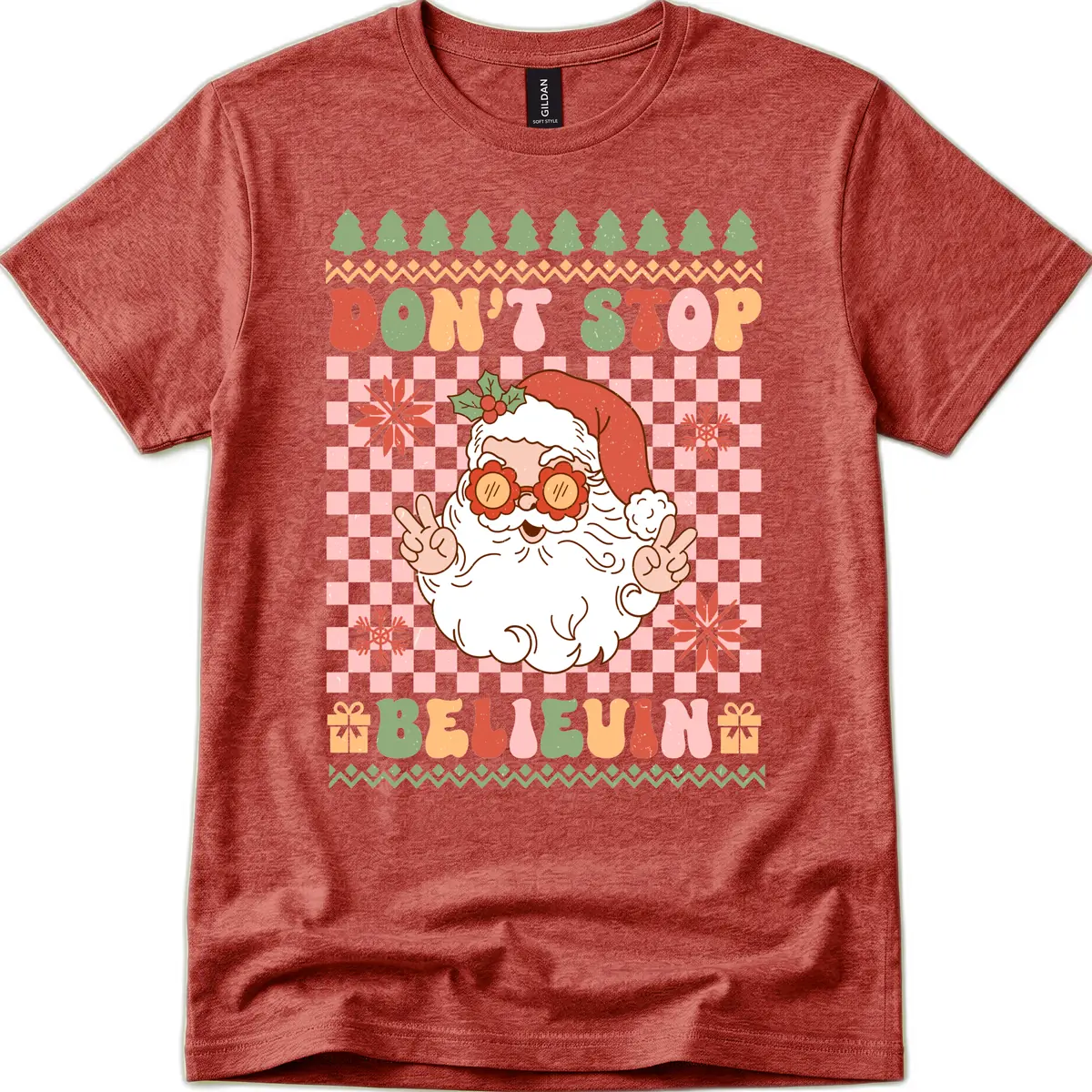Don't Stop Believin' Retro Santa T-Shirt in Heather Cardinal