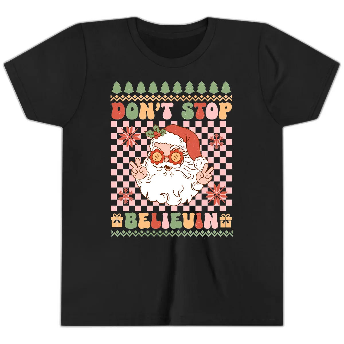 Don't Stop Believin' Retro Santa Youth T-Shirt in Black