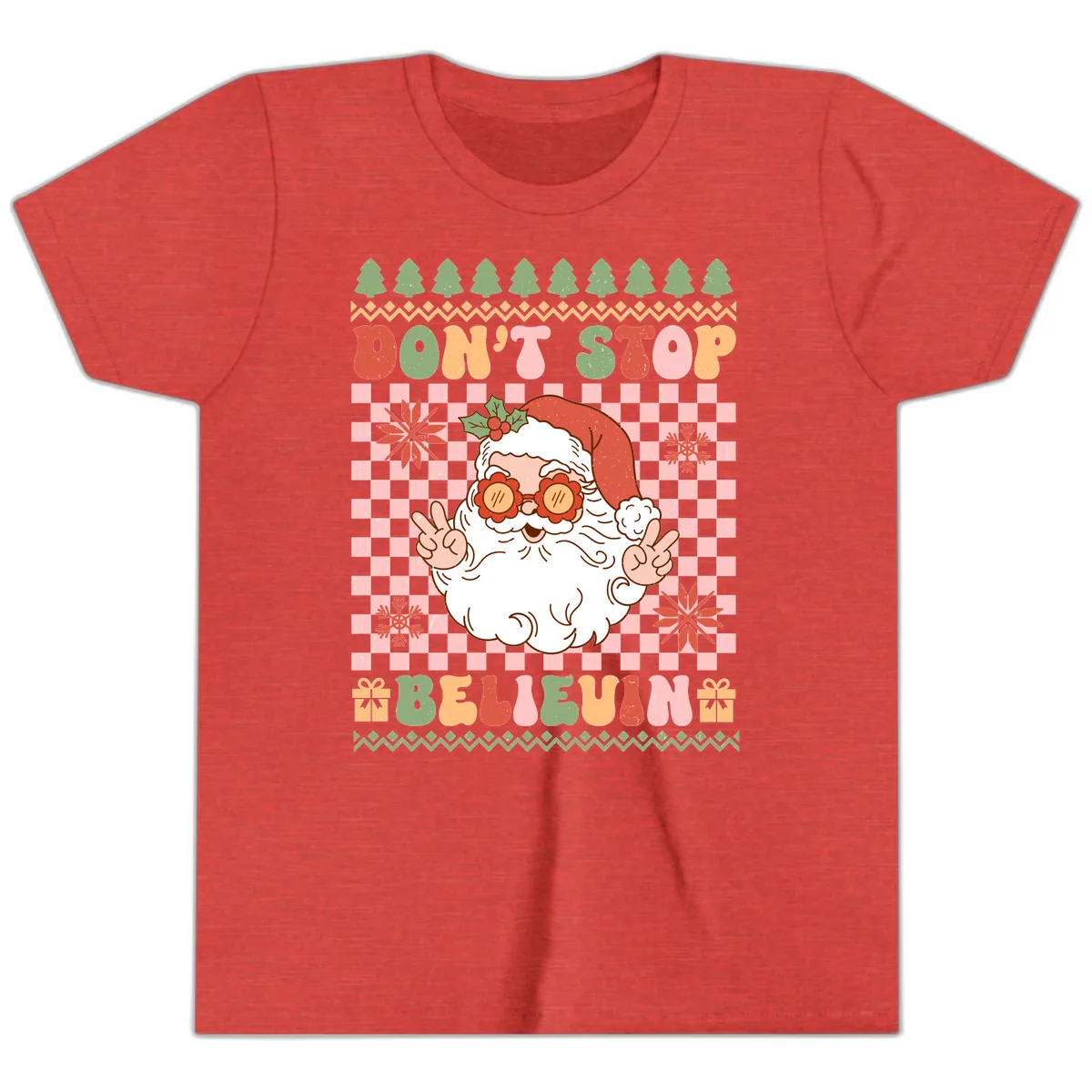 Don't Stop Believin' Retro Santa Youth T-Shirt in Heather Red