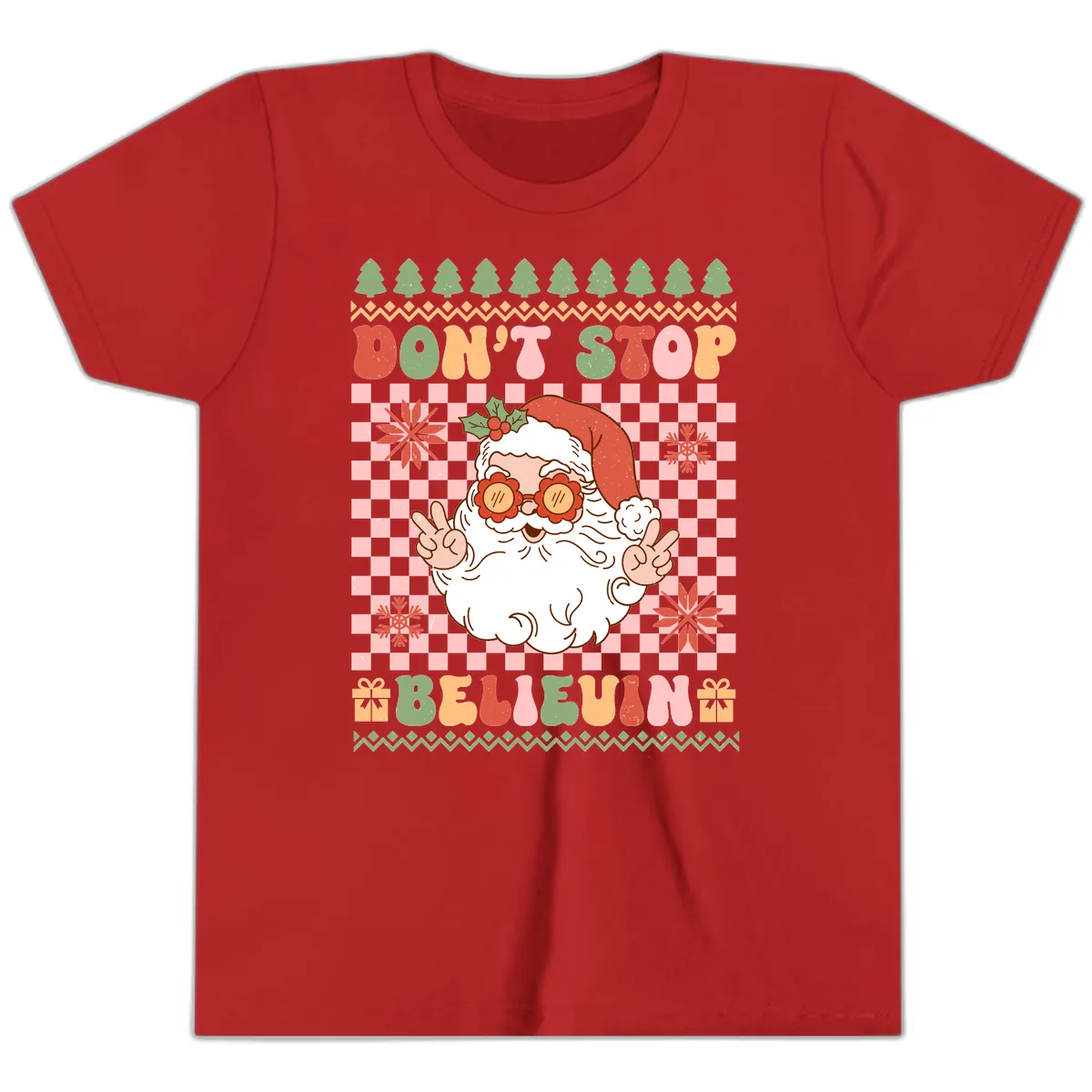 Don't Stop Believin' Retro Santa Youth T-Shirt in Red