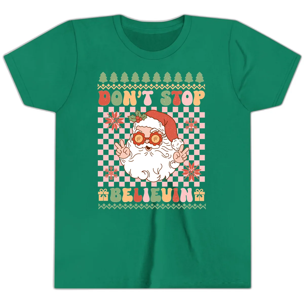 Don't Stop Believin' Retro Santa Youth T-Shirt in Kelly