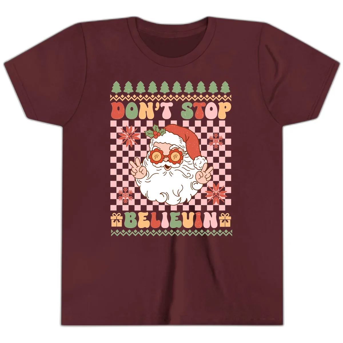 Don't Stop Believin' Retro Santa Youth T-Shirt in Maroon