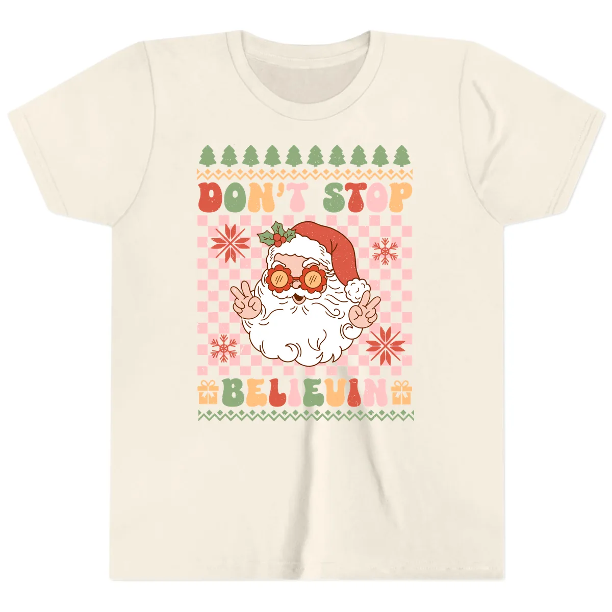 Don't Stop Believin' Retro Santa Youth T-Shirt in Natural