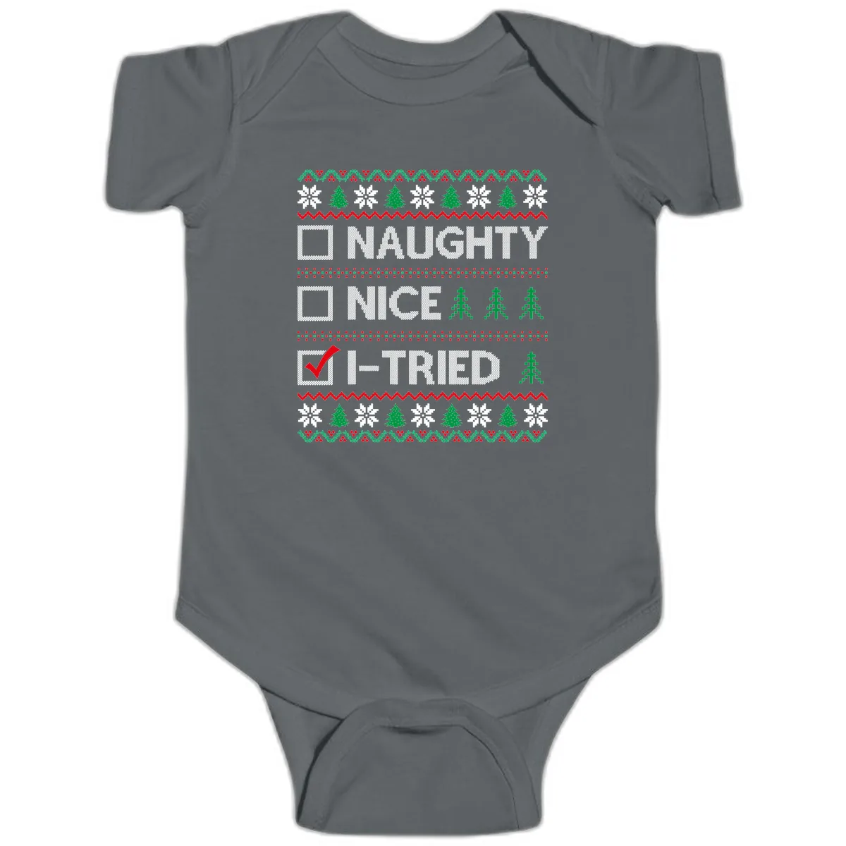 Checklist I Tried Christmas Sweater Baby Onesie in Charcoal