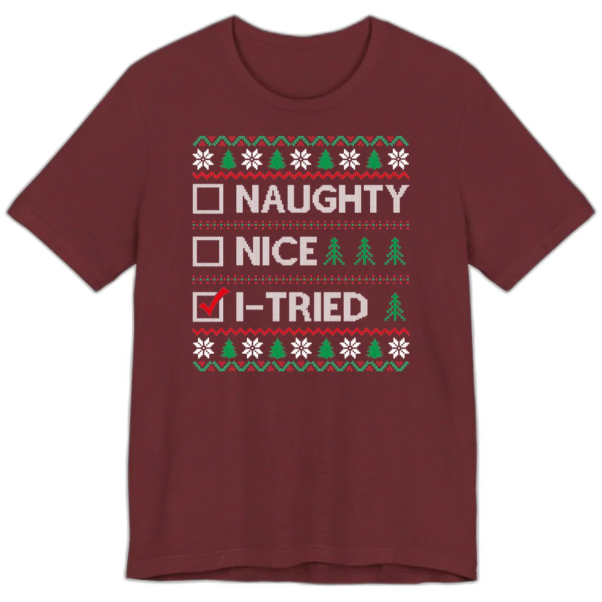 Checklist I Tried Christmas Sweater Premium T-Shirt in Heather Cardinal
