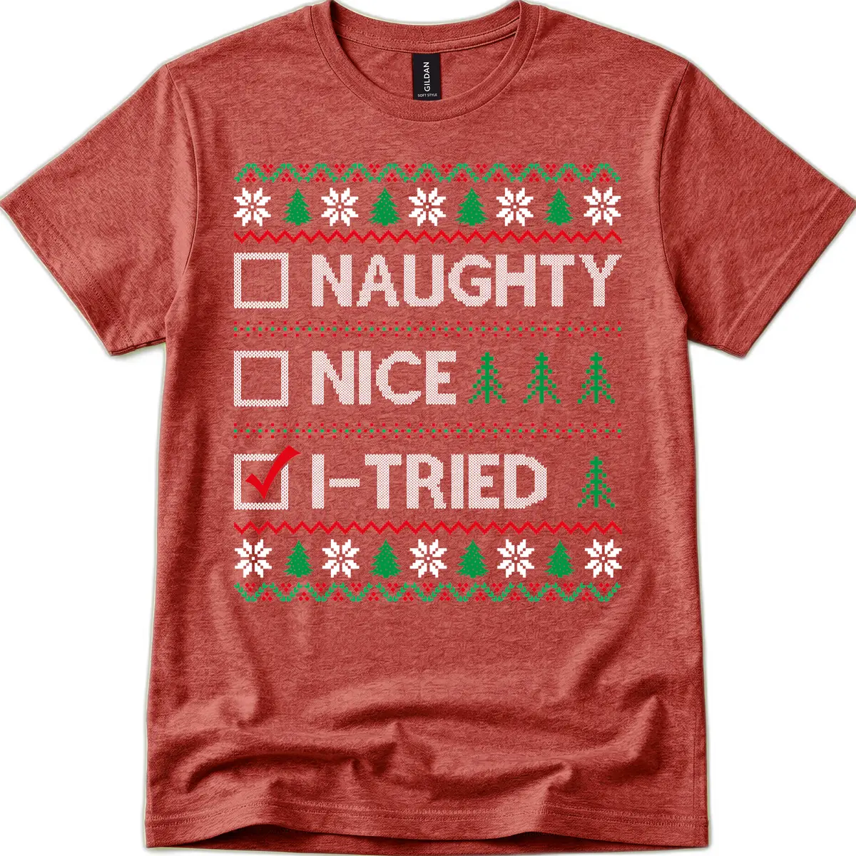 Checklist I Tried Christmas Sweater T-Shirt in Heather Cardinal