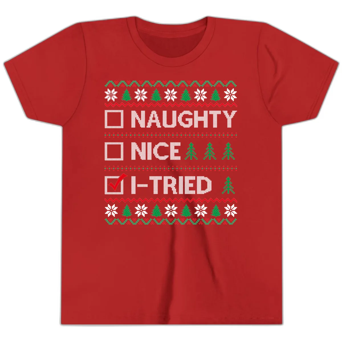 Checklist I Tried Christmas Sweater Youth T-Shirt in Red