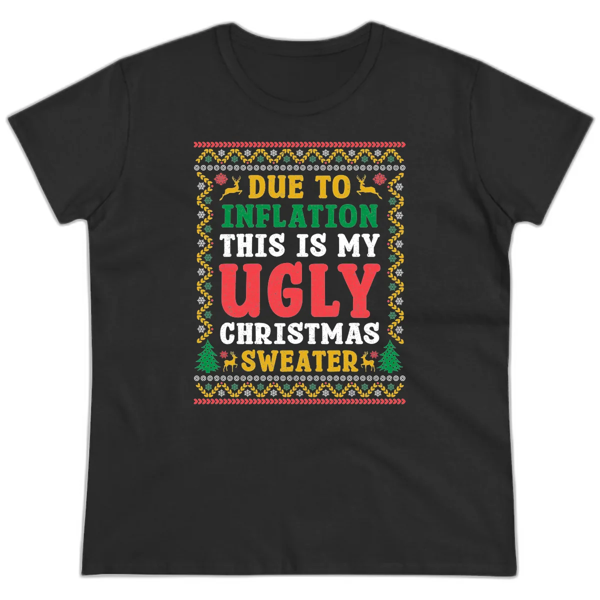 Due To Inflation Ugly Christmas Sweater Ladies Tee in Black