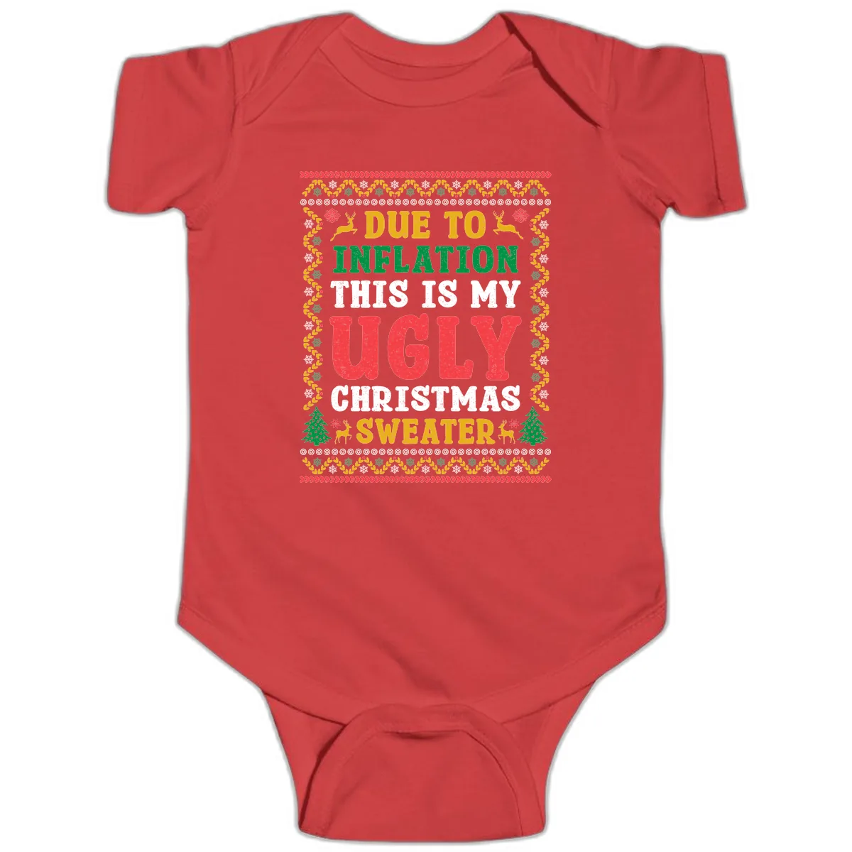 Due To Inflation Ugly Christmas Sweater Baby Onesie in Red