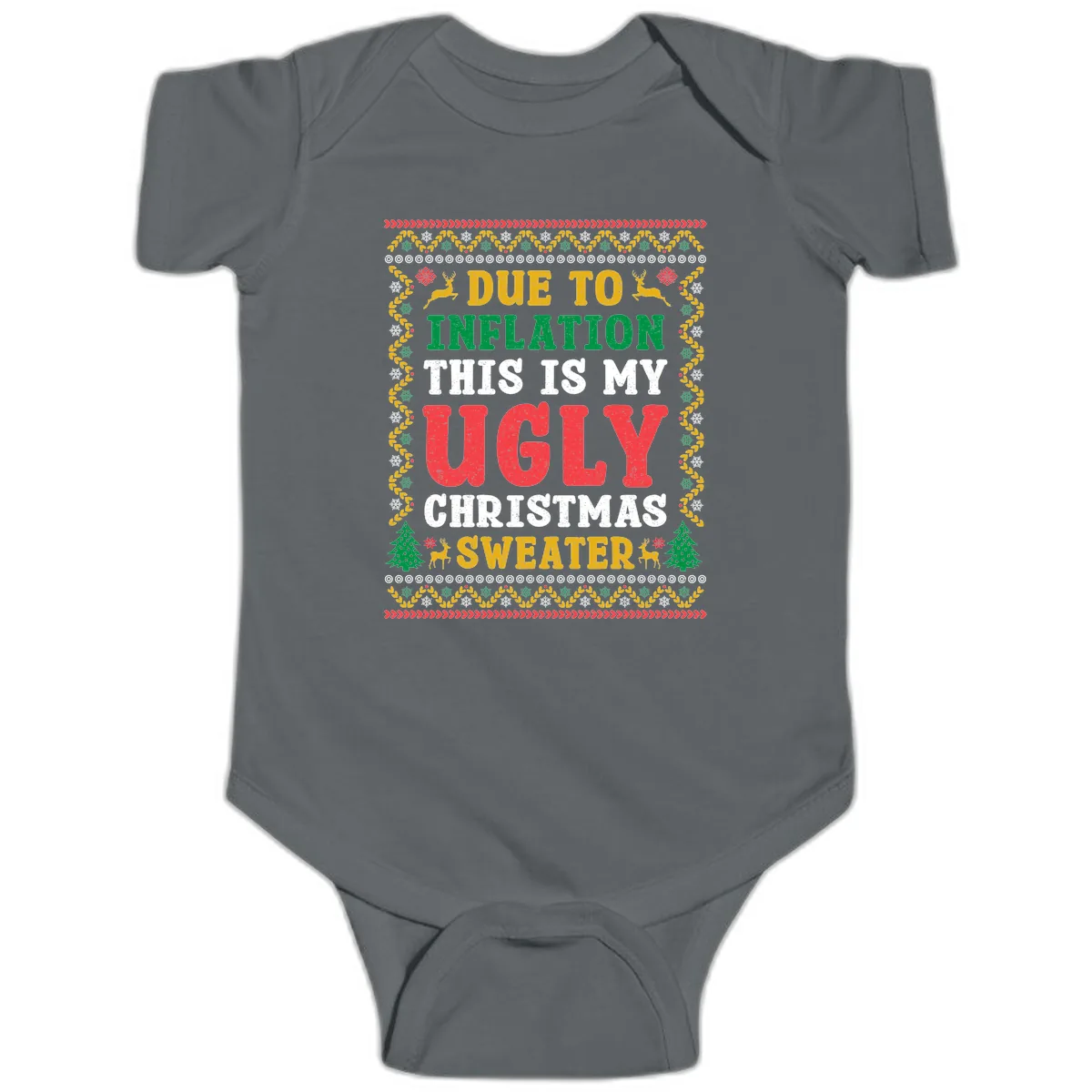 Due To Inflation Ugly Christmas Sweater Baby Onesie in Charcoal