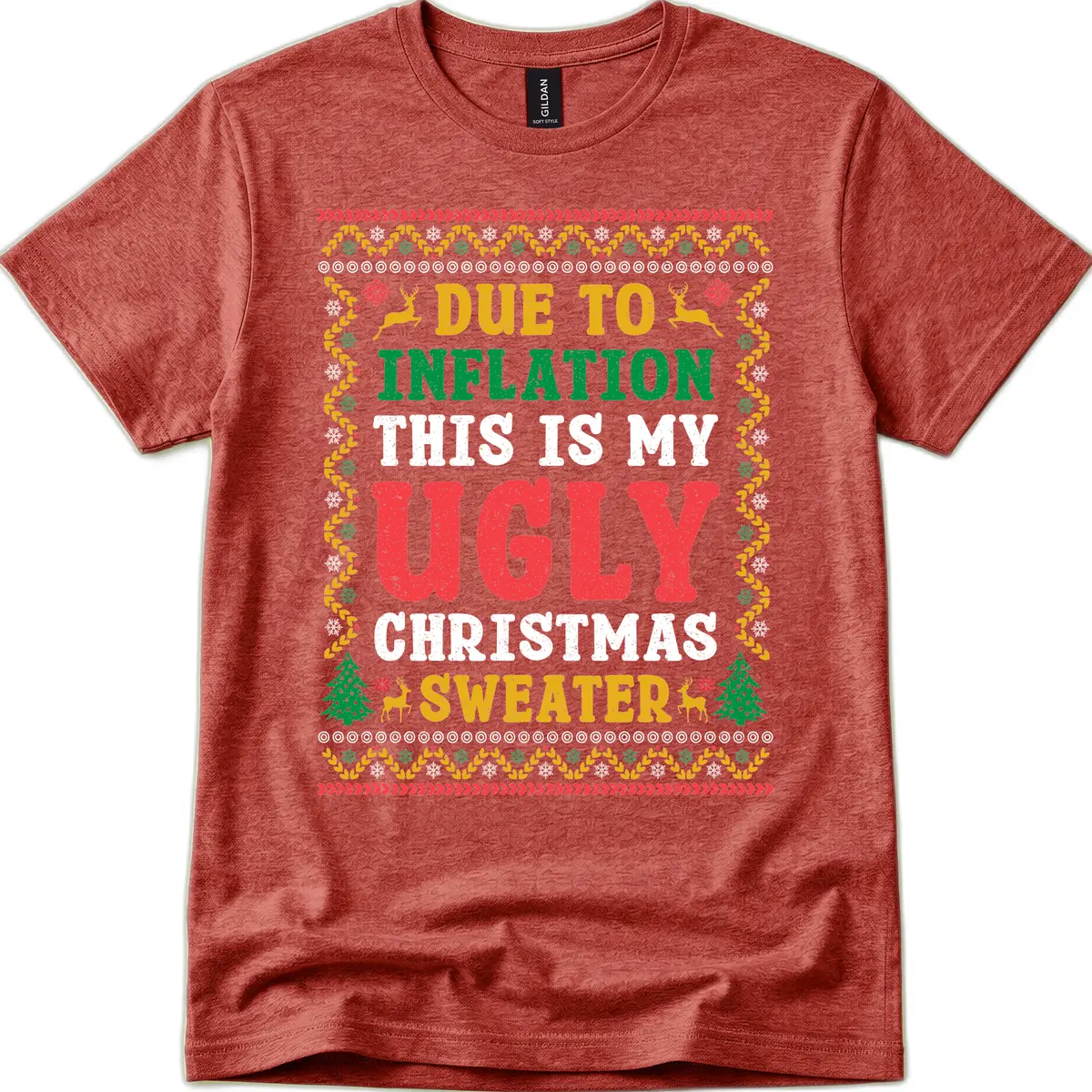 Due To Inflation Ugly Christmas Sweater T-Shirt in Heather Cardinal