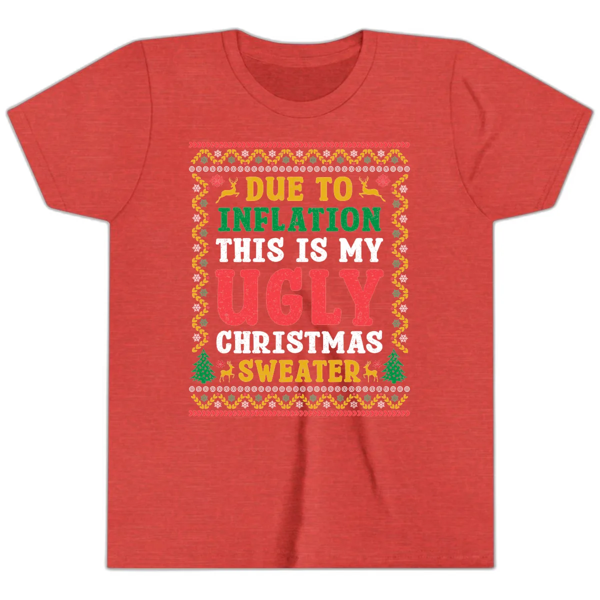Due To Inflation Ugly Christmas Sweater Youth T-Shirt in Heather Red