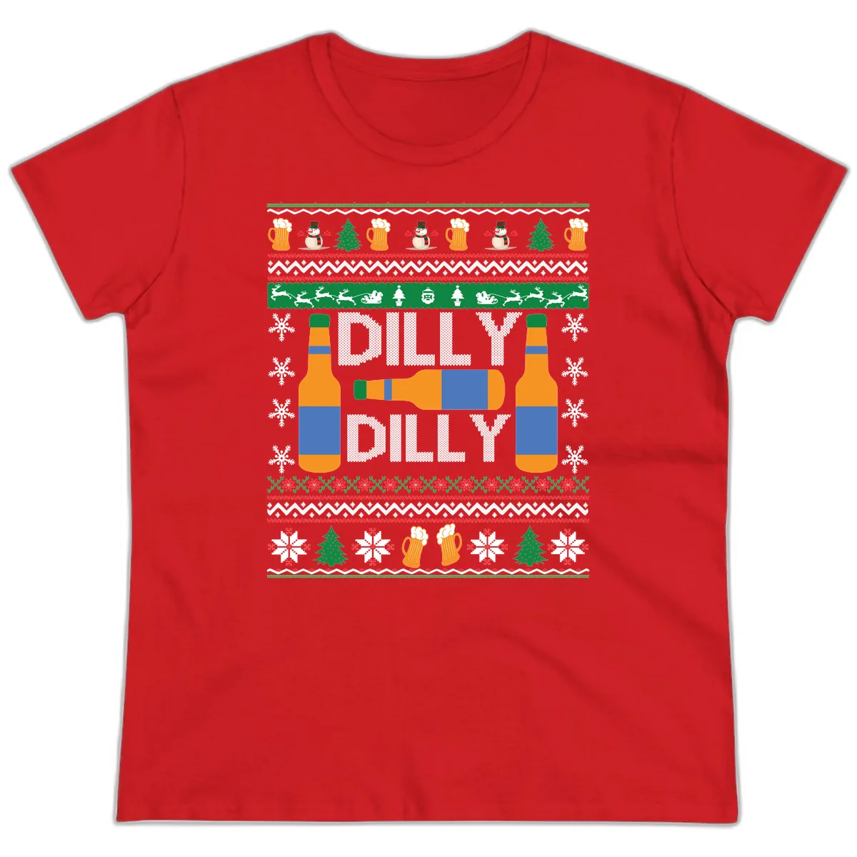 Dilly Dilly Beer Ugly Christmas Sweater Ladies Tee in Red