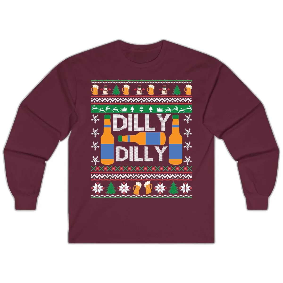 Dilly Dilly Beer Ugly Christmas Sweater Long Sleeve in Maroon