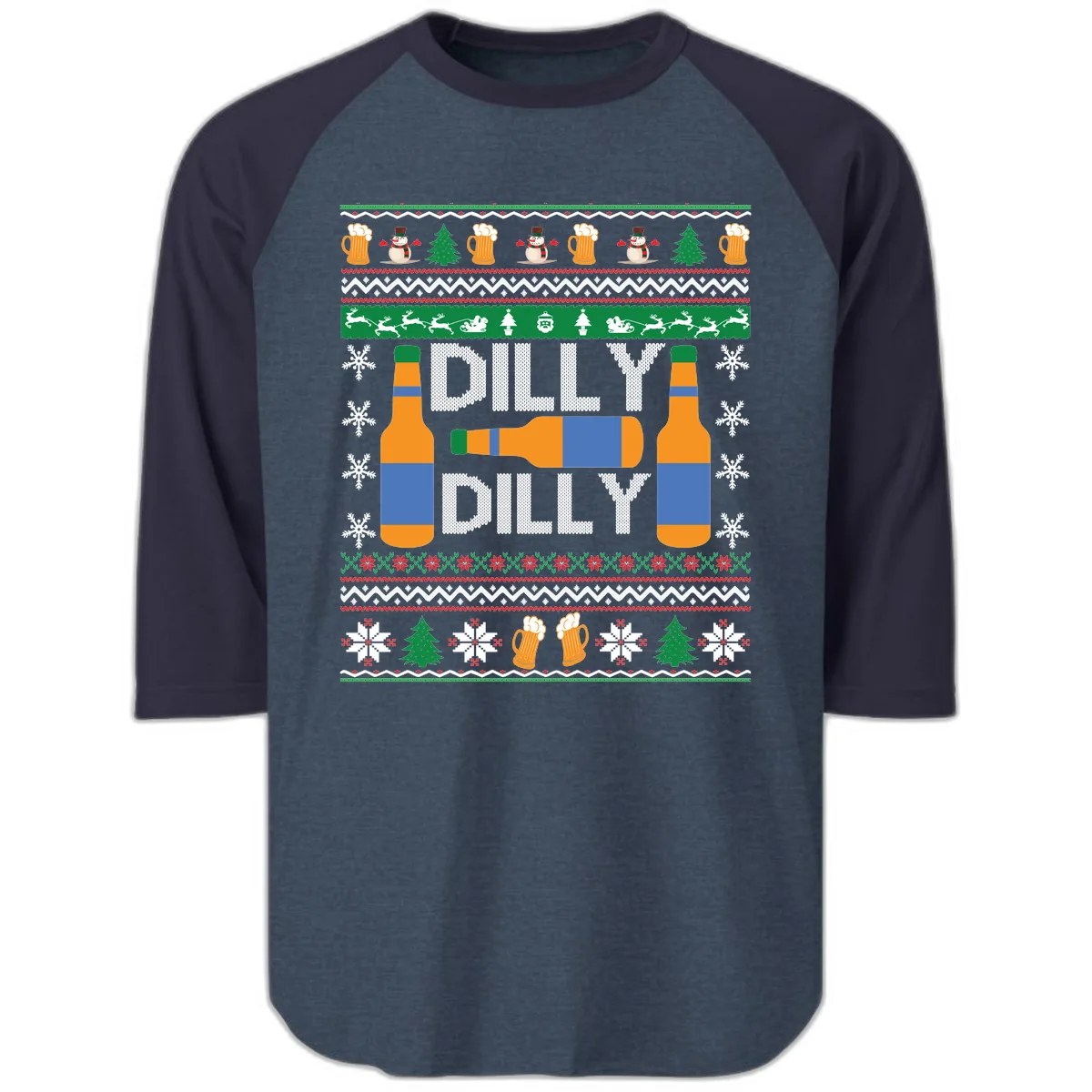 Dilly Dilly Beer Ugly Christmas Sweater Raglan 3/4 in Heather Denim Navy