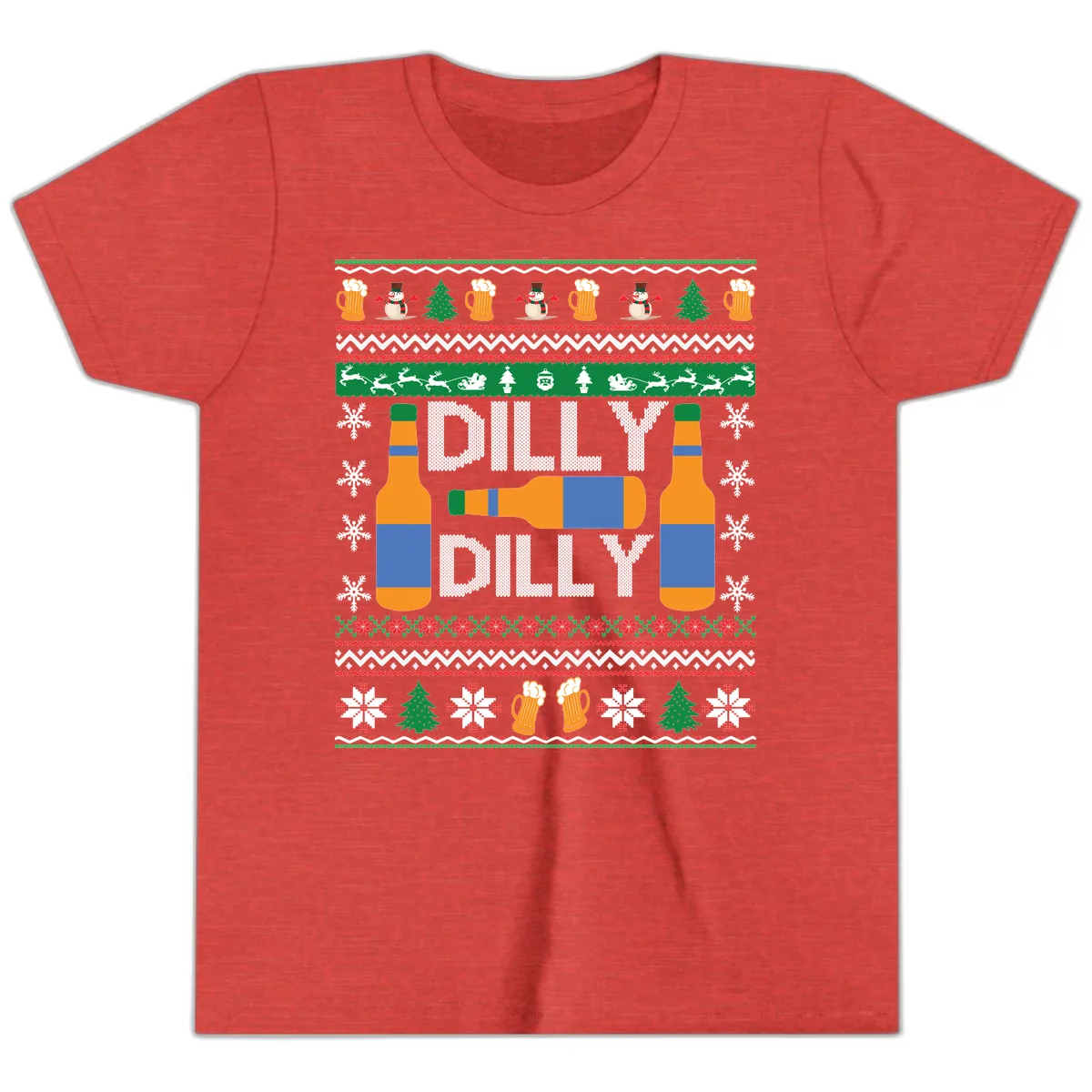 Dilly Dilly Beer Ugly Christmas Sweater Youth T-Shirt in Heather Red