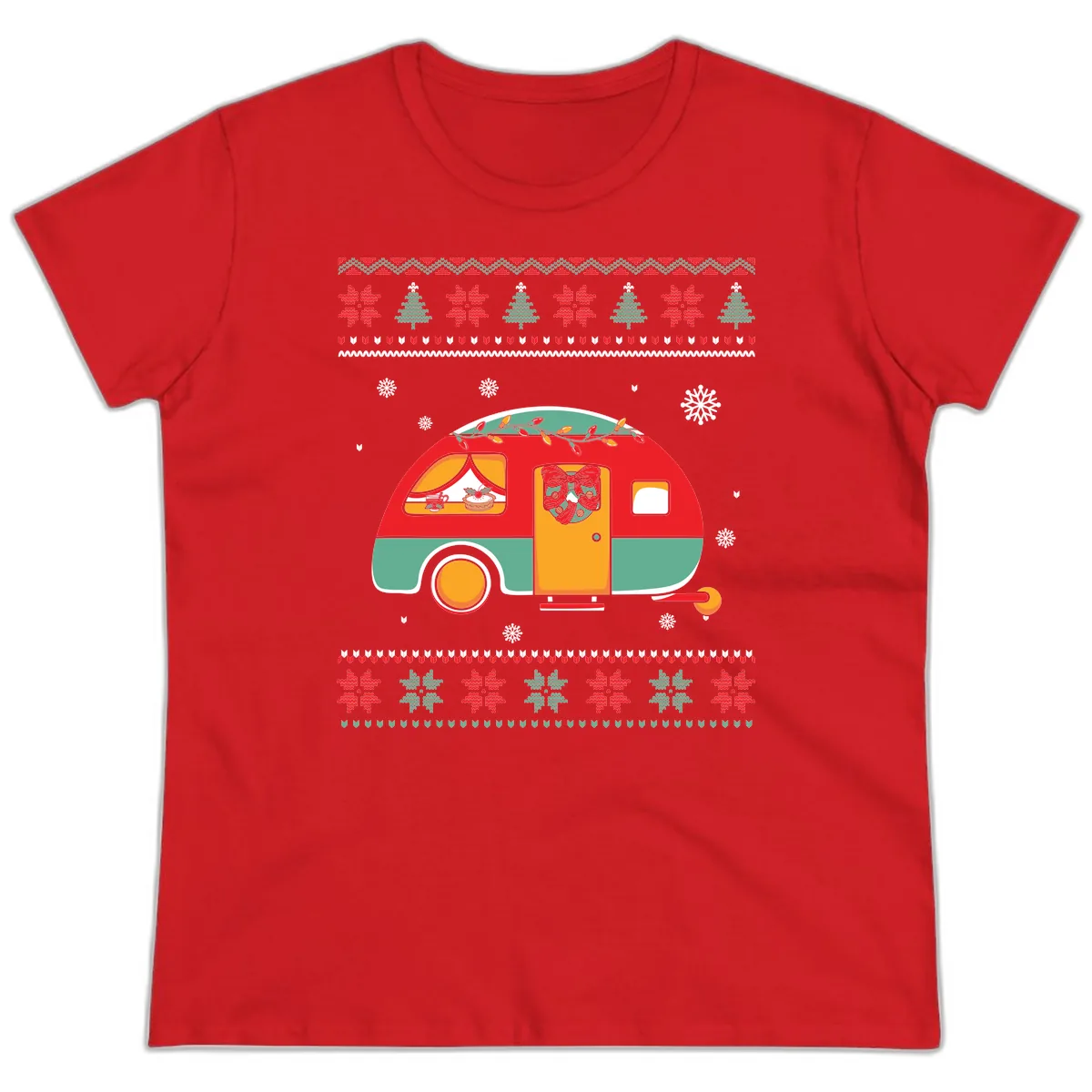 Christmas Camper Caravan Holiday Design Ladies Tee in Red