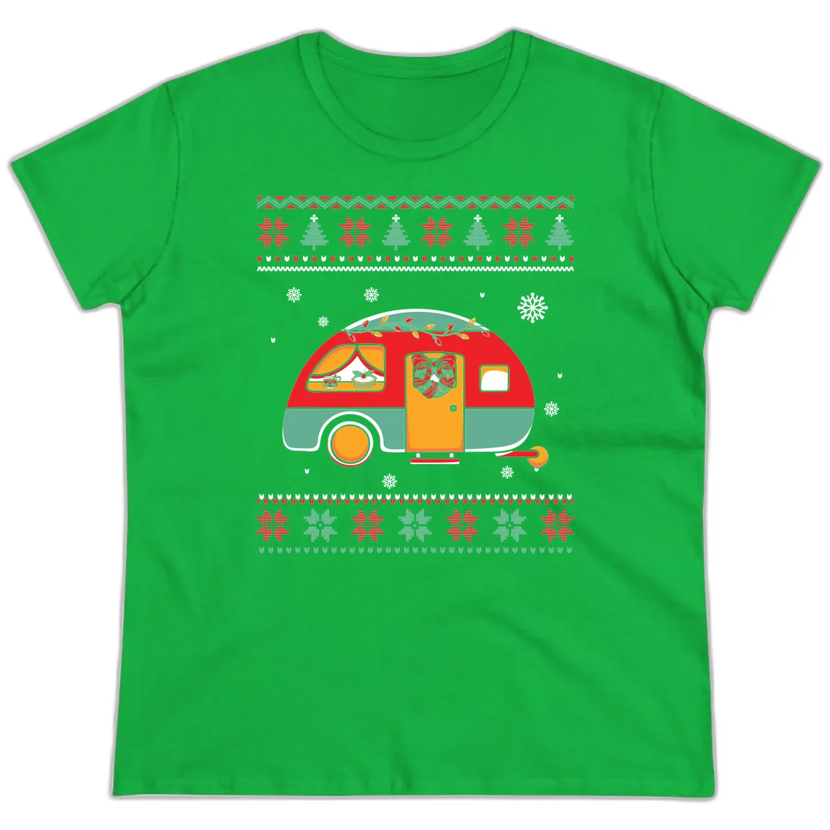 Christmas Camper Caravan Holiday Design Ladies Tee in Irish Green