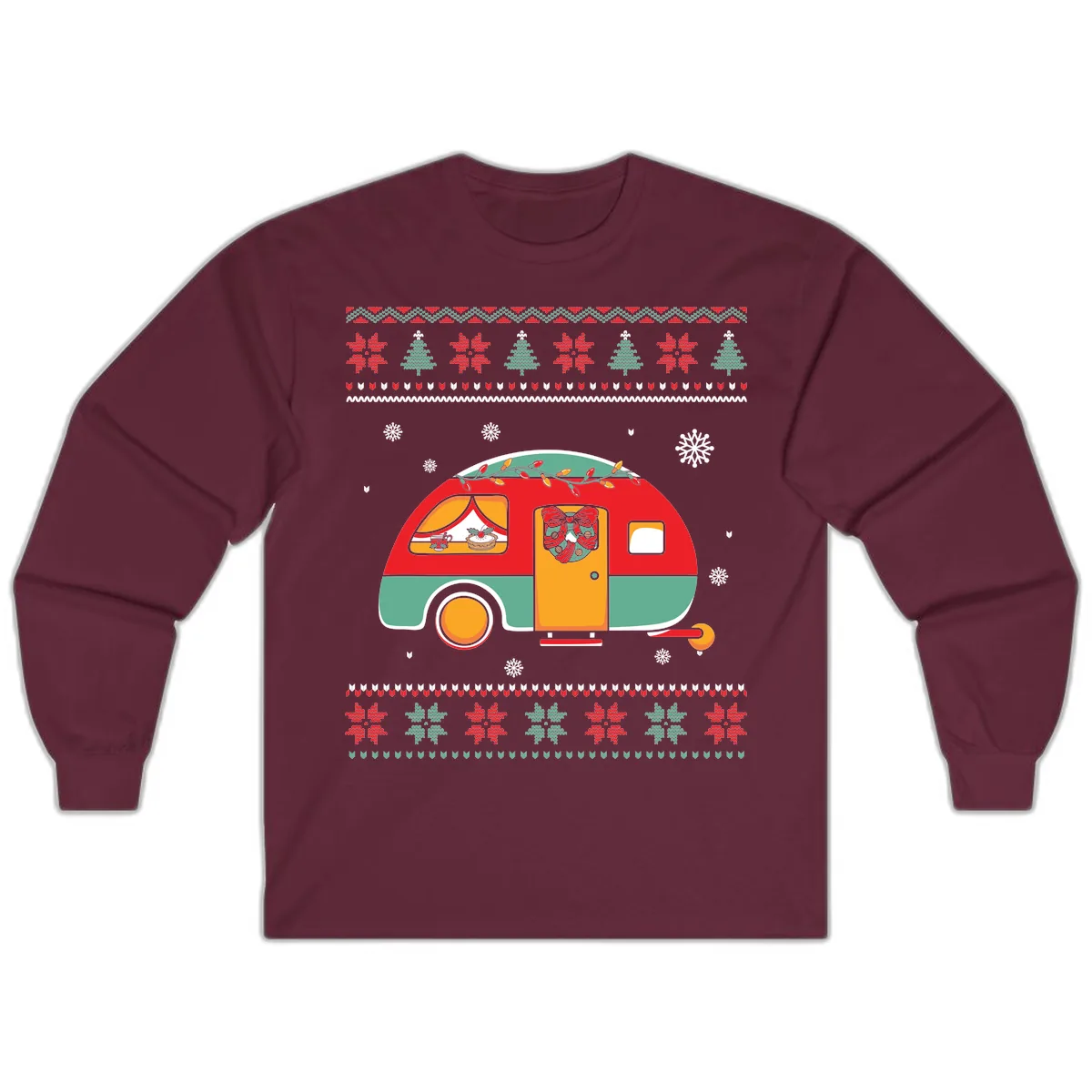 Christmas Camper Caravan Holiday Design Long Sleeve in Maroon