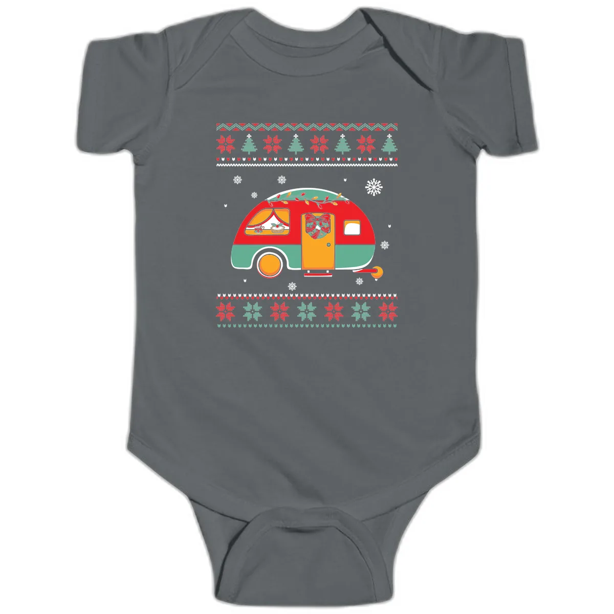 Christmas Camper Caravan Holiday Design Baby Onesie in Charcoal