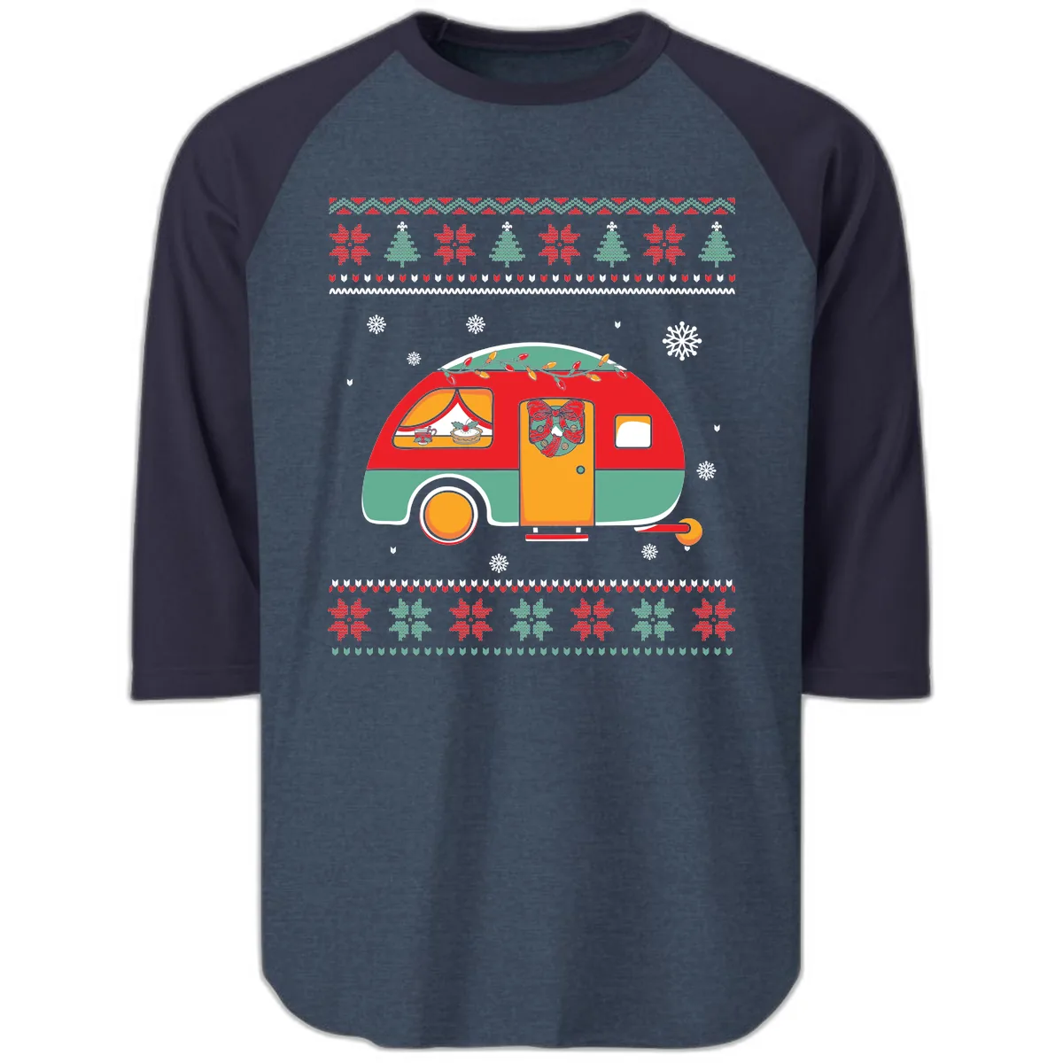 Christmas Camper Caravan Holiday Design Raglan 3/4 in Heather Denim Navy
