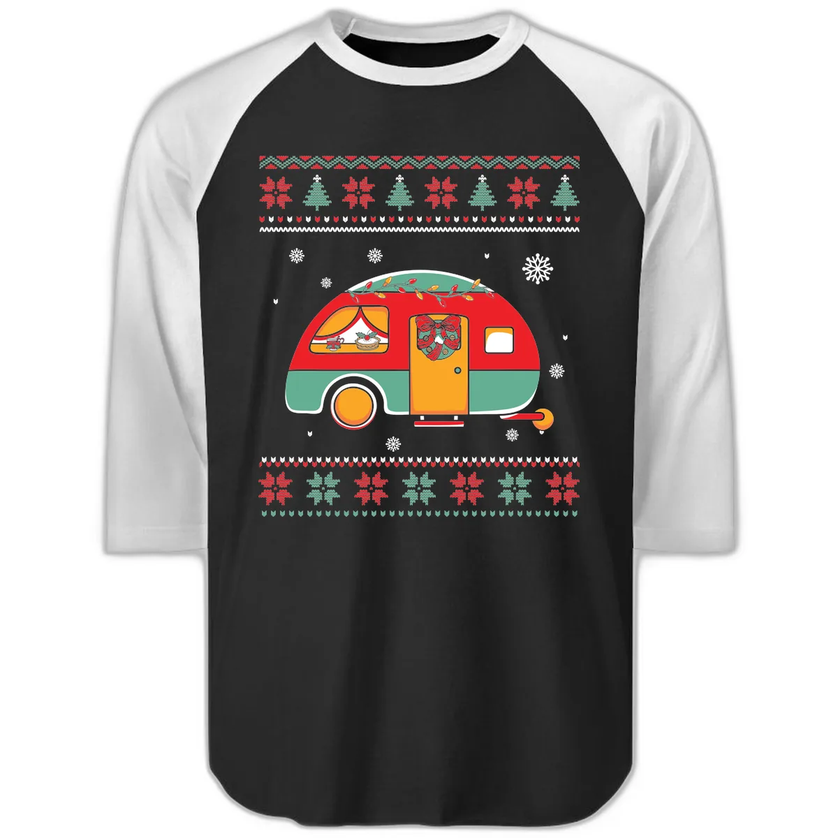 Christmas Camper Caravan Holiday Design Raglan 3/4 in Black White
