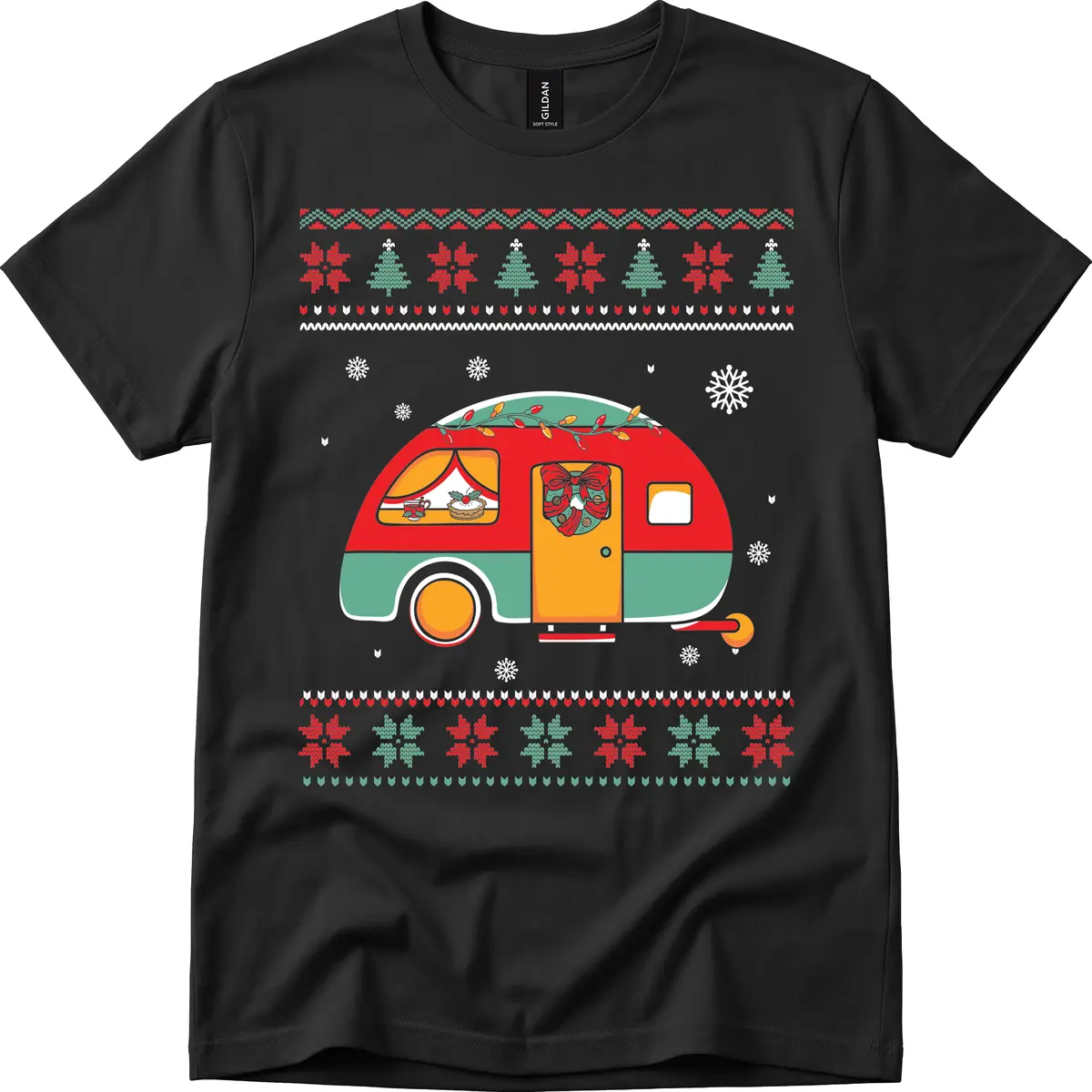 Christmas Camper Caravan Holiday Design T-Shirt in Black