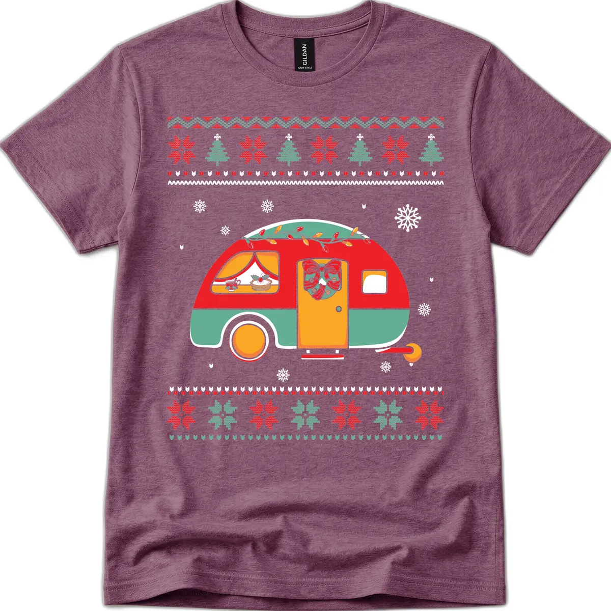 Christmas Camper Caravan Holiday Design T-Shirt in Heather Maroon