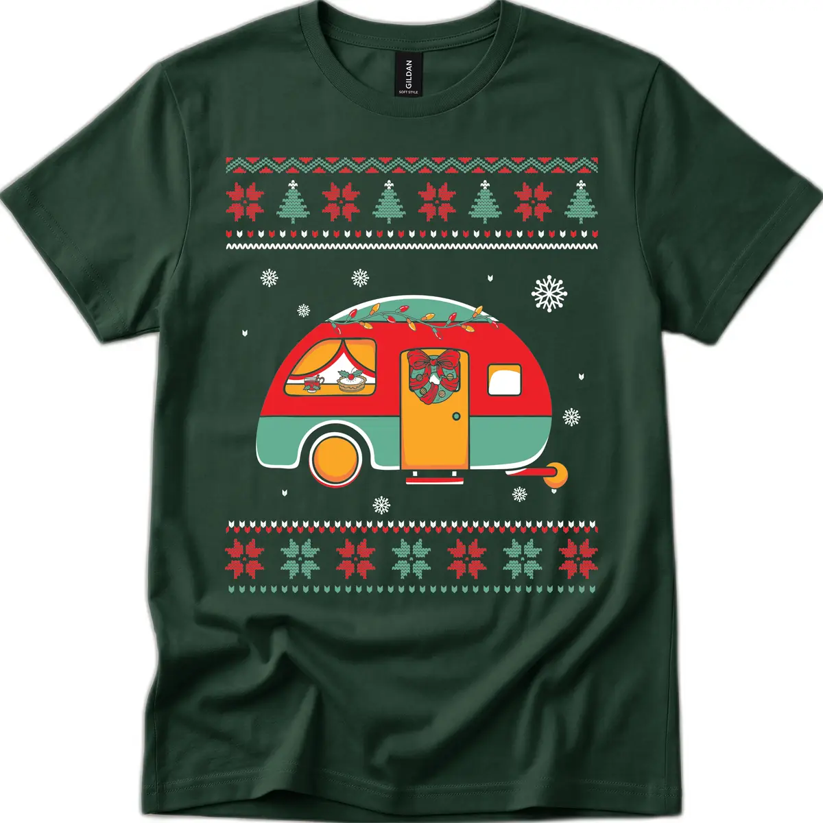 Christmas Camper Caravan Holiday Design T-Shirt in Forest Green