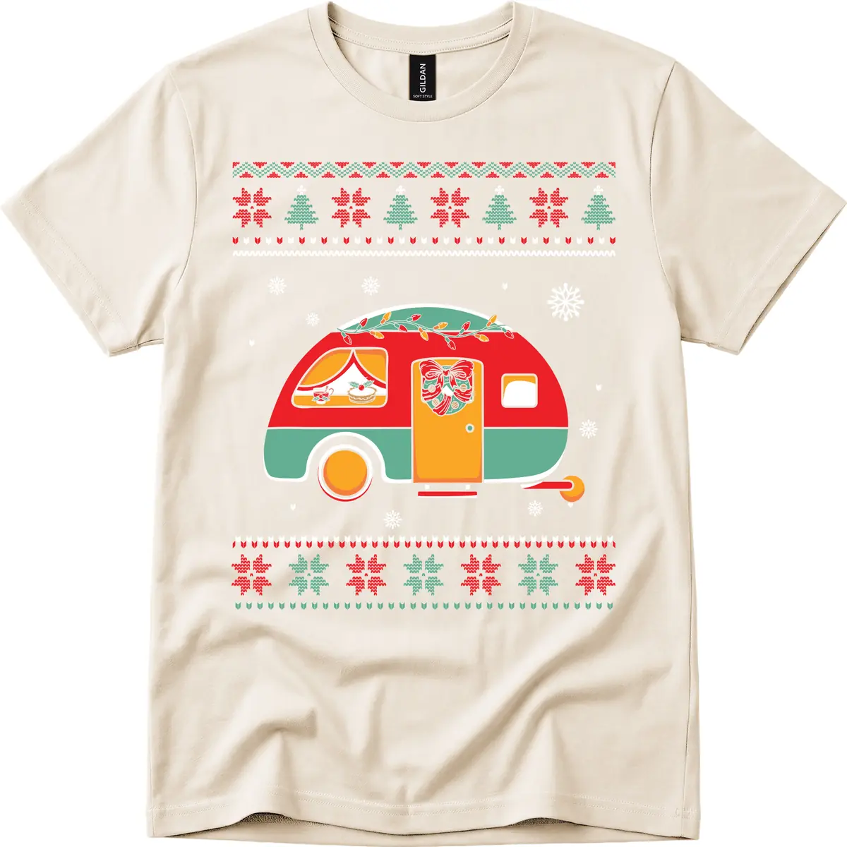 Christmas Camper Caravan Holiday Design T-Shirt in Natural
