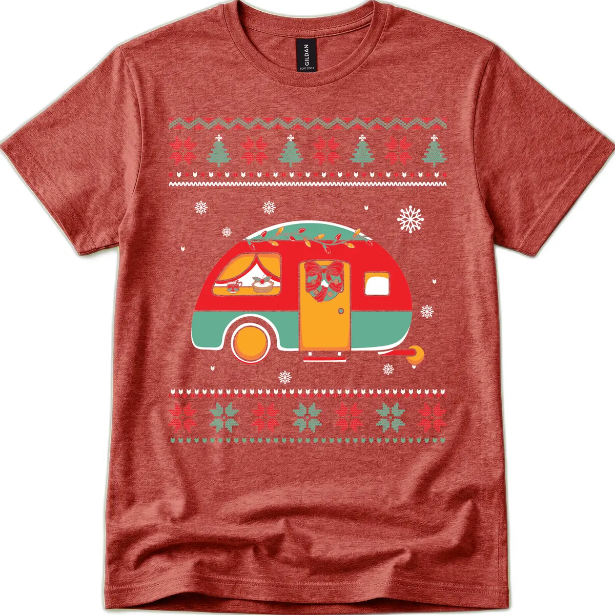 Christmas Camper Caravan Holiday Design T-Shirt in Heather Cardinal
