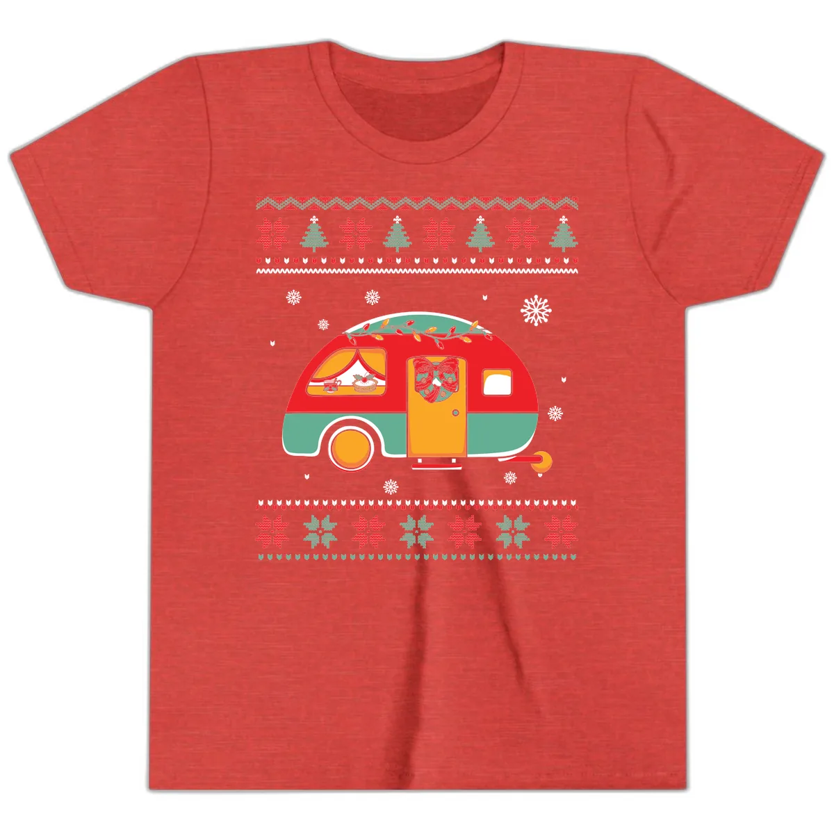 Christmas Camper Caravan Holiday Design Youth T-Shirt in Heather Red