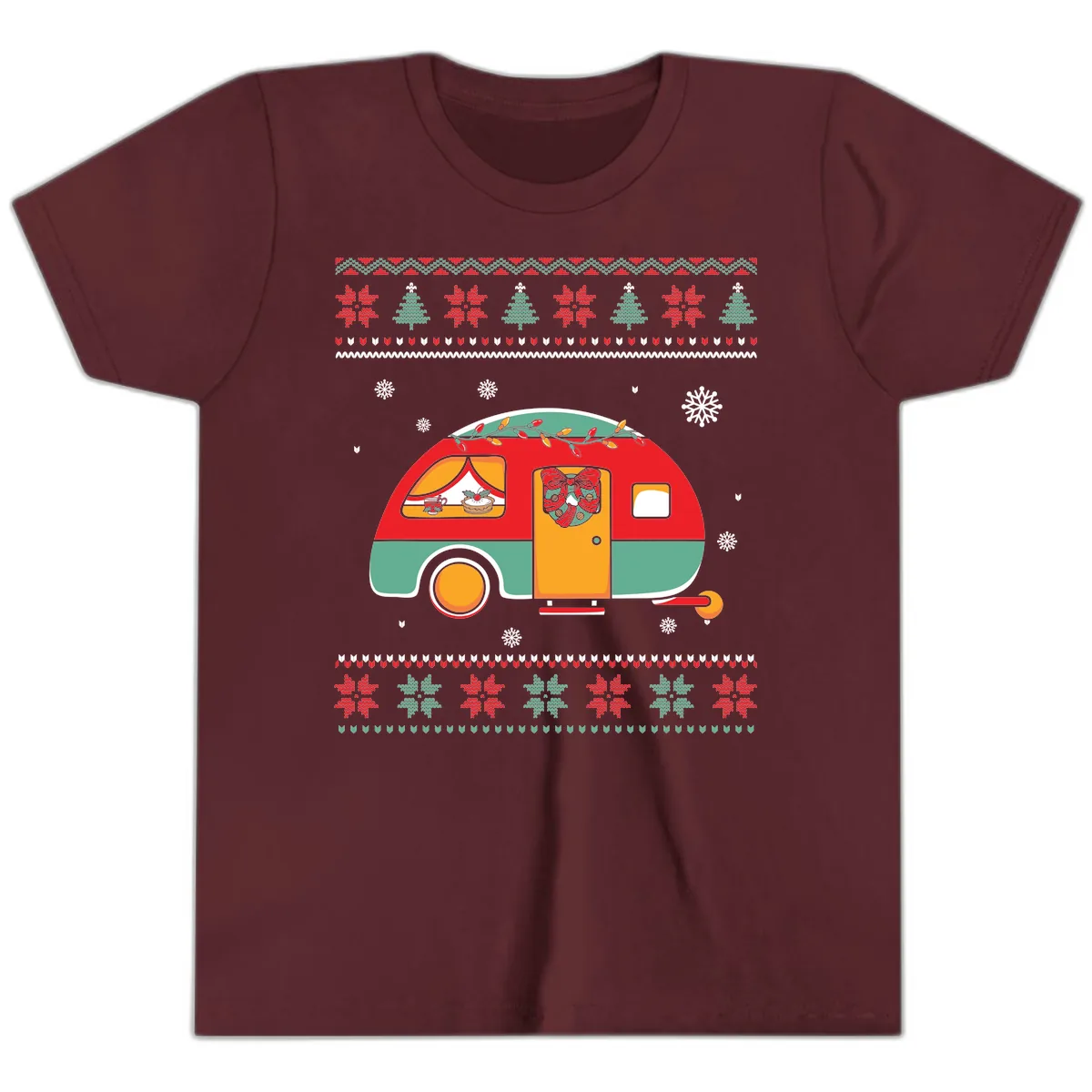 Christmas Camper Caravan Holiday Design Youth T-Shirt in Maroon