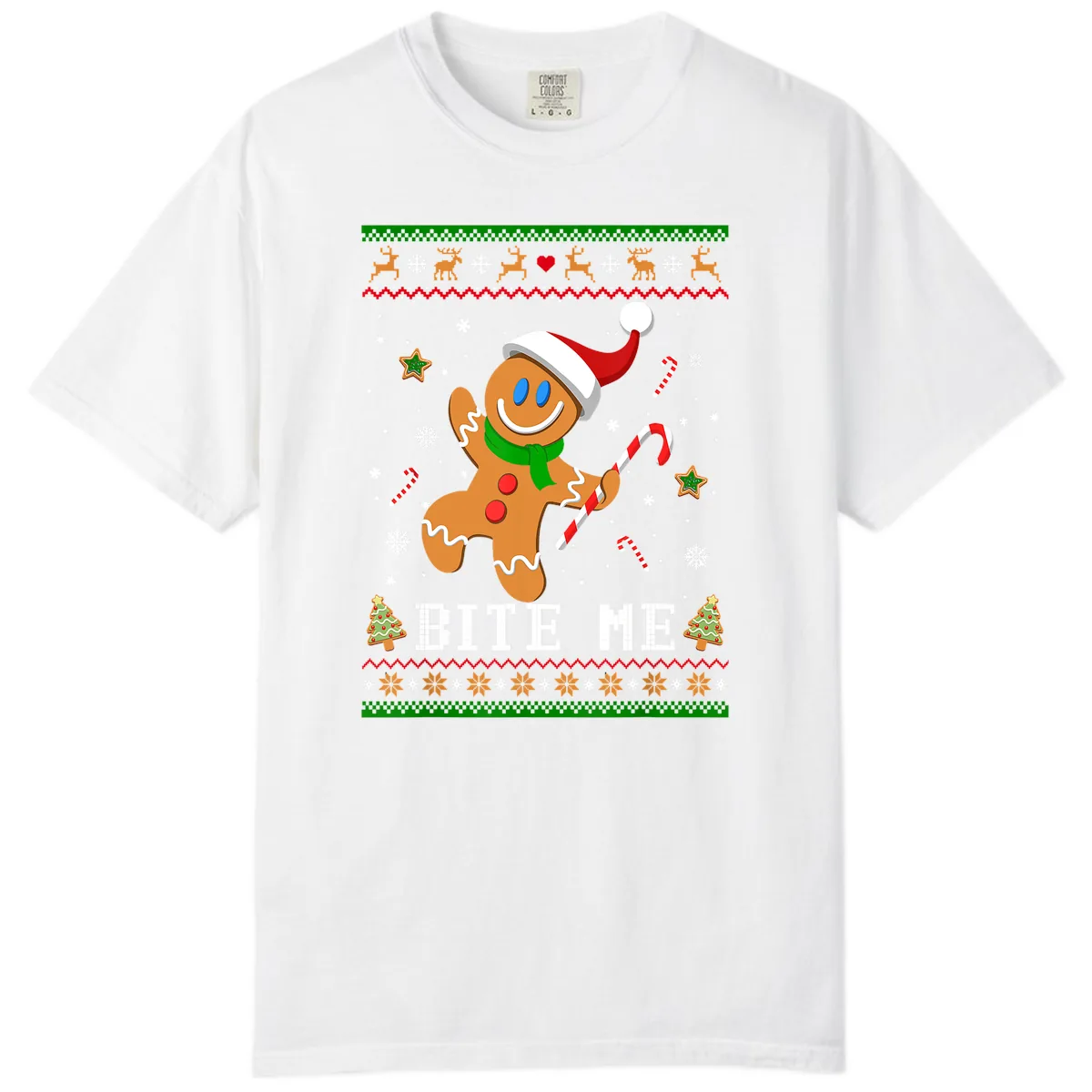 Gingerbread Man Bite Me Christmas Apparel Comfort Color in White