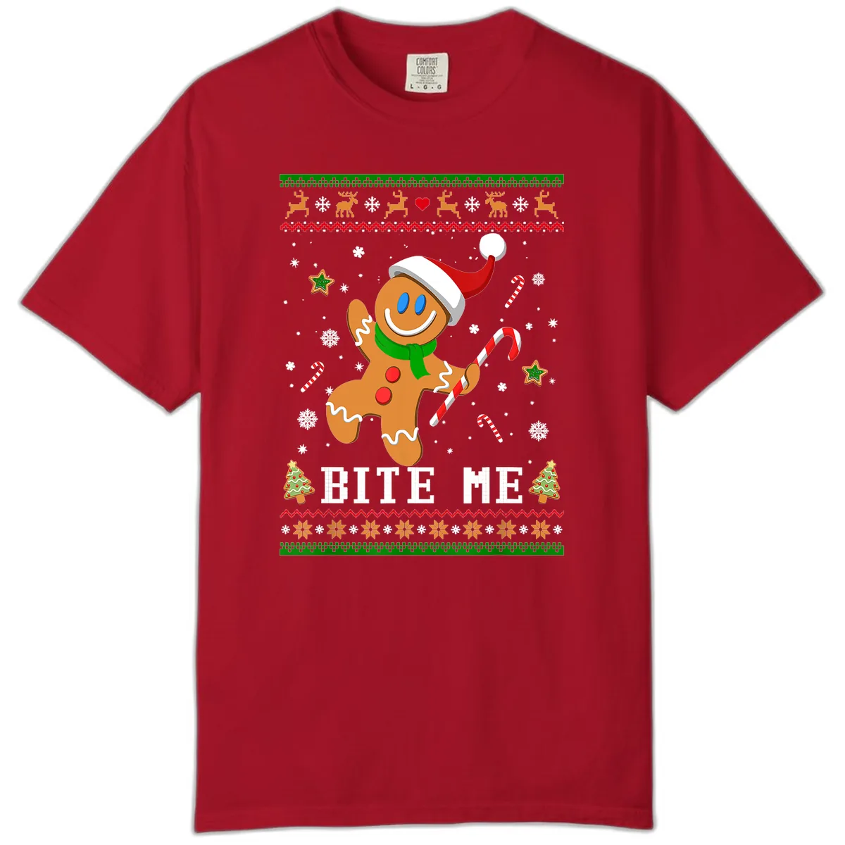Gingerbread Man Bite Me Christmas Apparel Comfort Color in Red