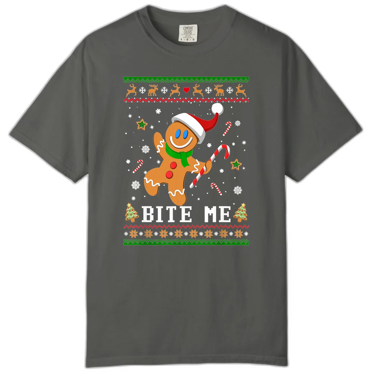 Gingerbread Man Bite Me Christmas Apparel Comfort Color in Pepper