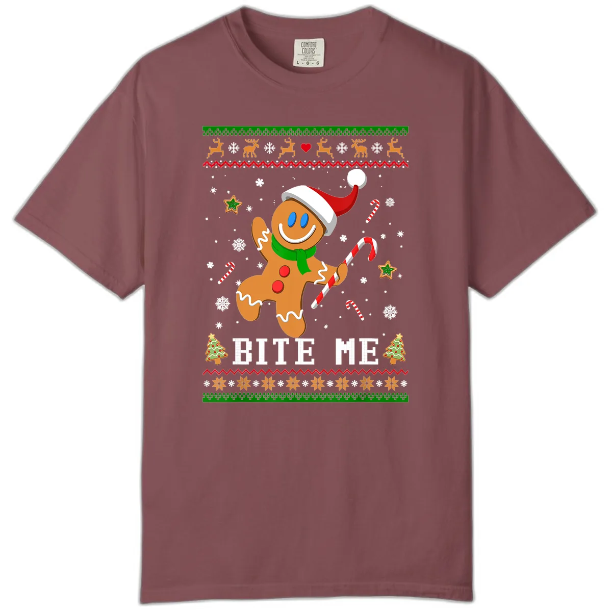 Gingerbread Man Bite Me Christmas Apparel Comfort Color in Brick