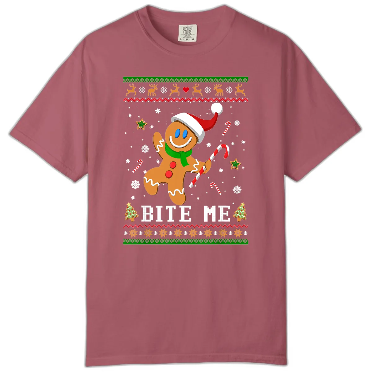 Gingerbread Man Bite Me Christmas Apparel Comfort Color in Crimson
