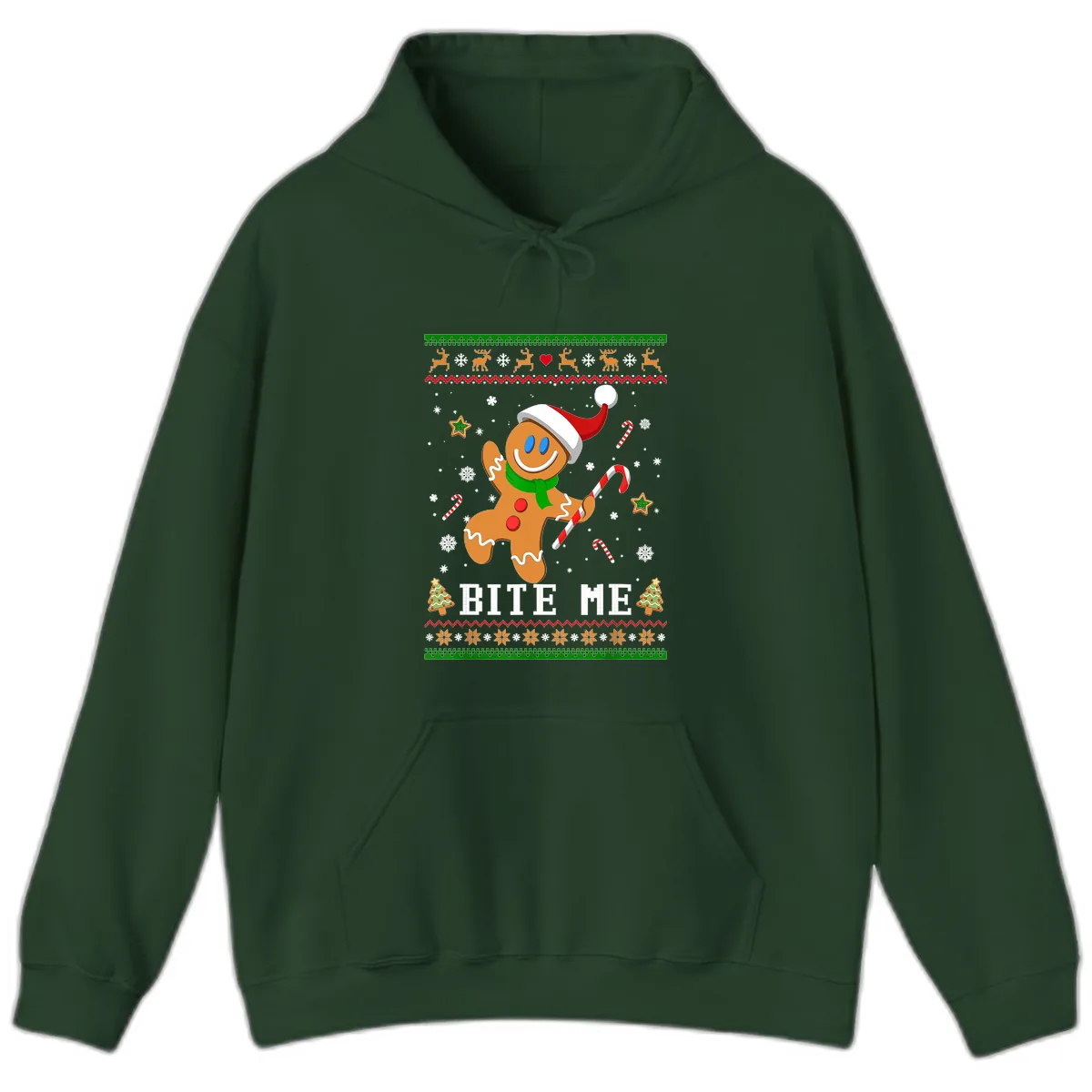 Gingerbread Man Bite Me Christmas Apparel Hoodie in Forest Green