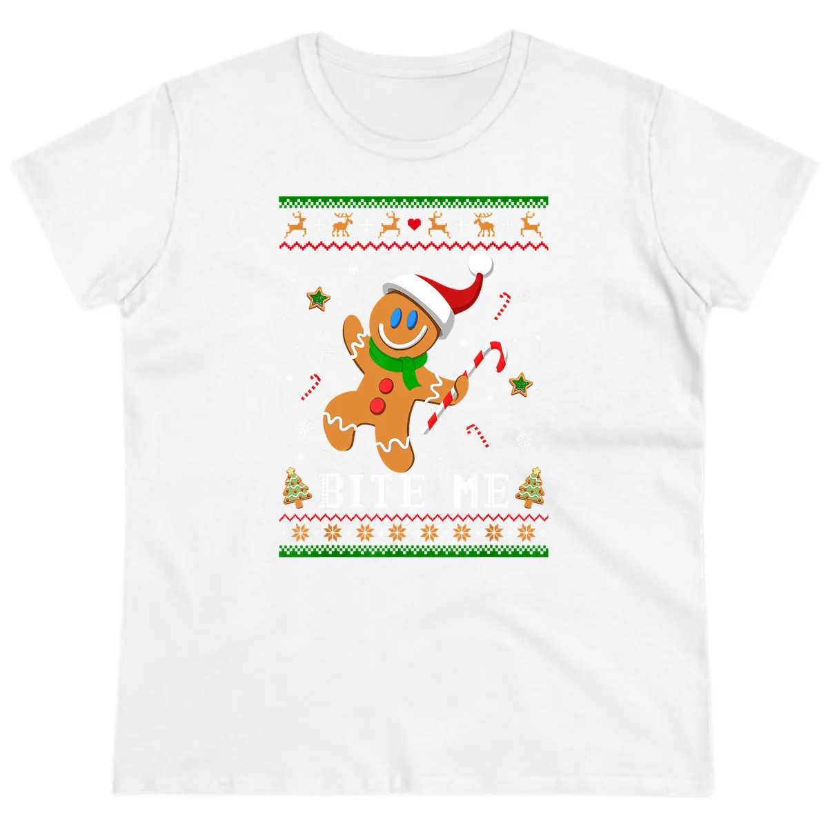 Gingerbread Man Bite Me Christmas Apparel Ladies Tee in White