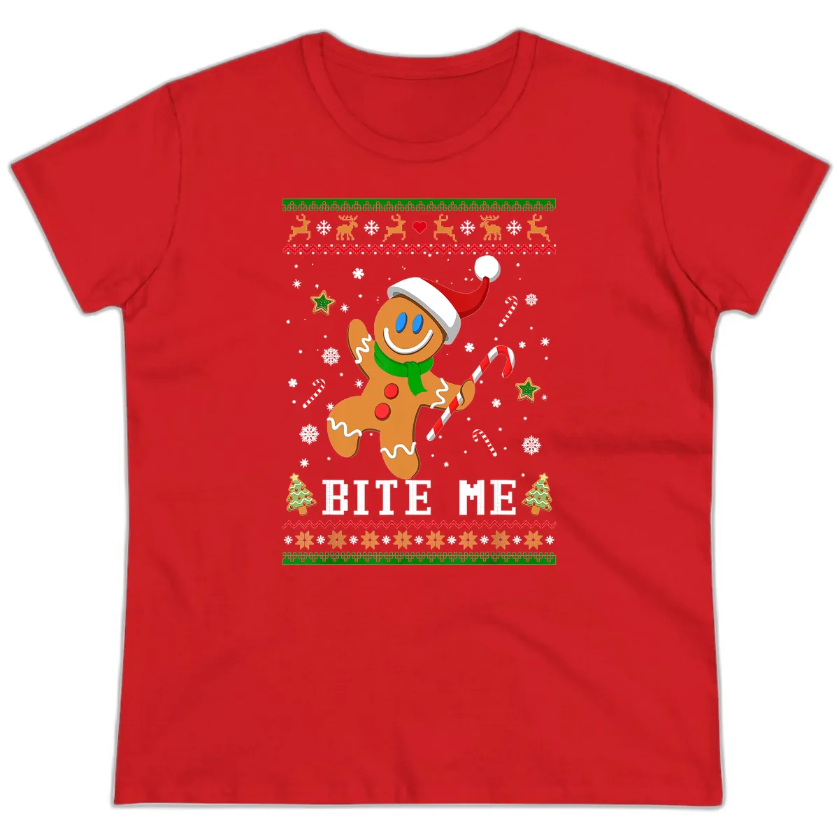 Gingerbread Man Bite Me Christmas Apparel Ladies Tee in Red