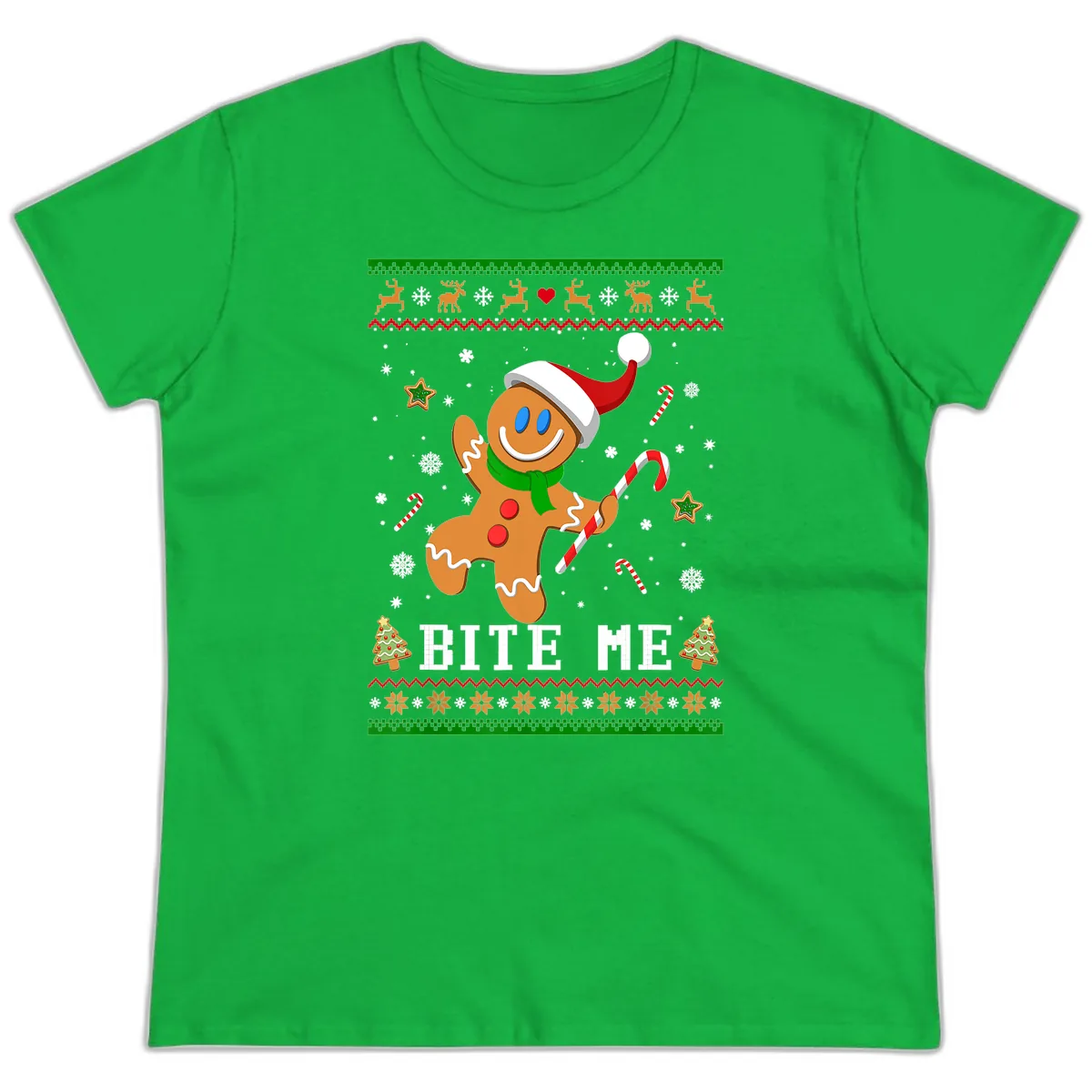 Gingerbread Man Bite Me Christmas Apparel Ladies Tee in Irish Green