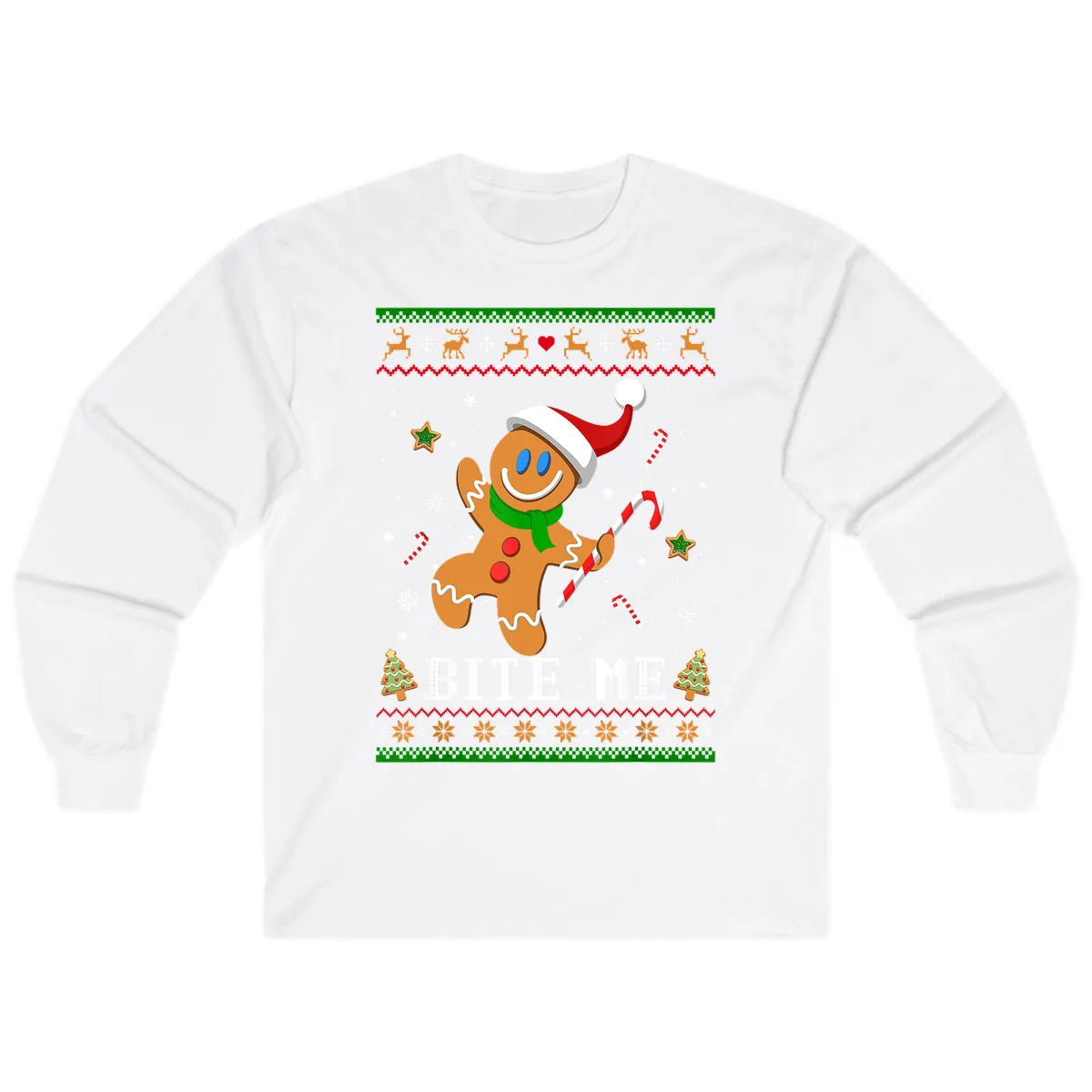 Gingerbread Man Bite Me Christmas Apparel Long Sleeve in White