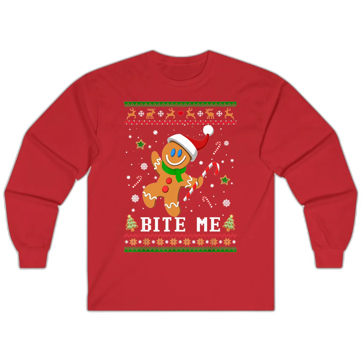 Gingerbread Man Bite Me Christmas Apparel Long Sleeve in Red