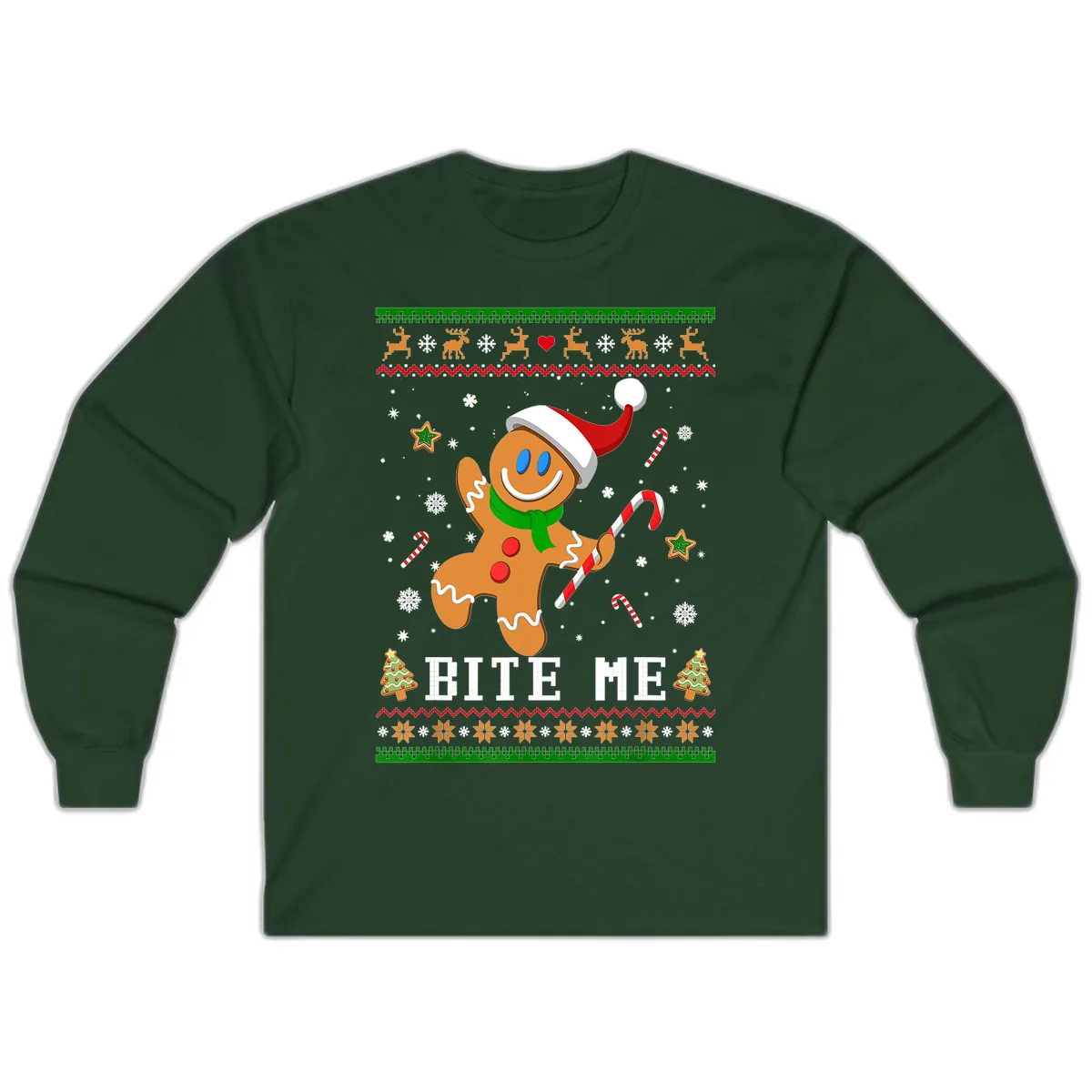 Gingerbread Man Bite Me Christmas Apparel Long Sleeve in Forest Green